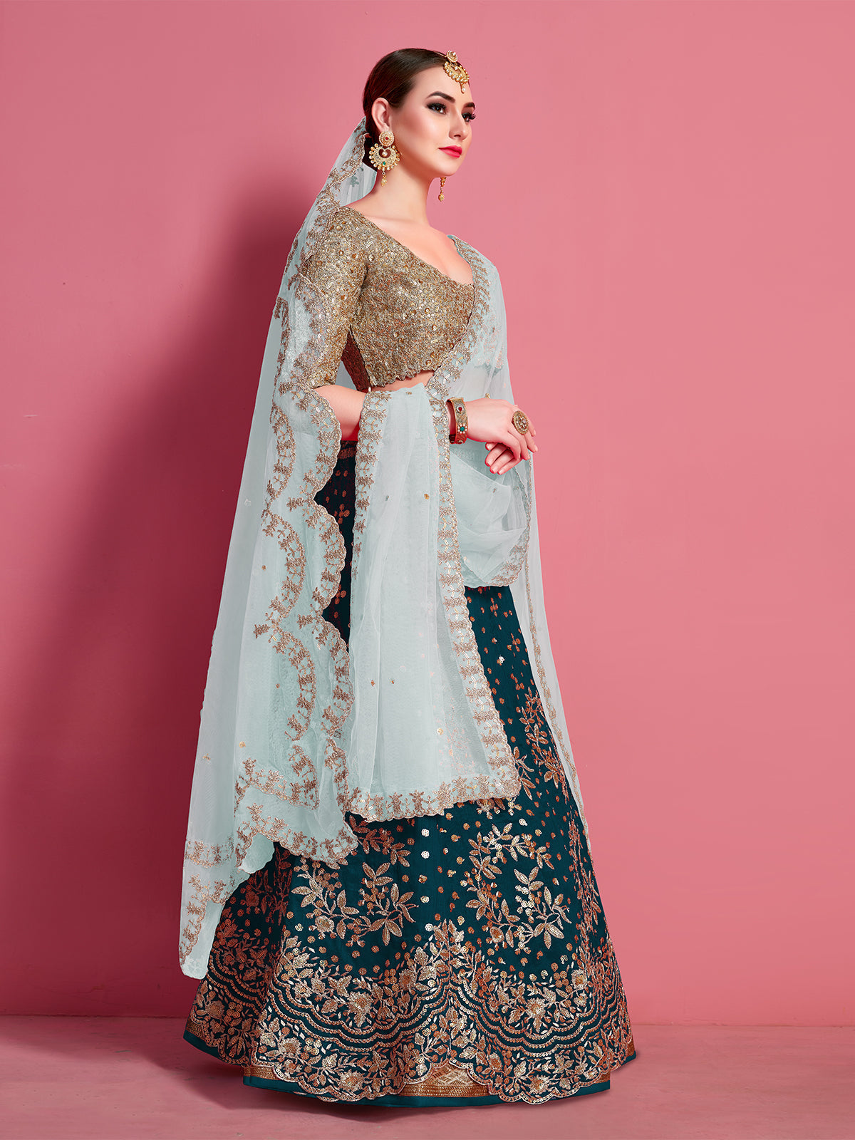 Teal Embroidered Semi Stitched Lehenga With Unstitched Blouse