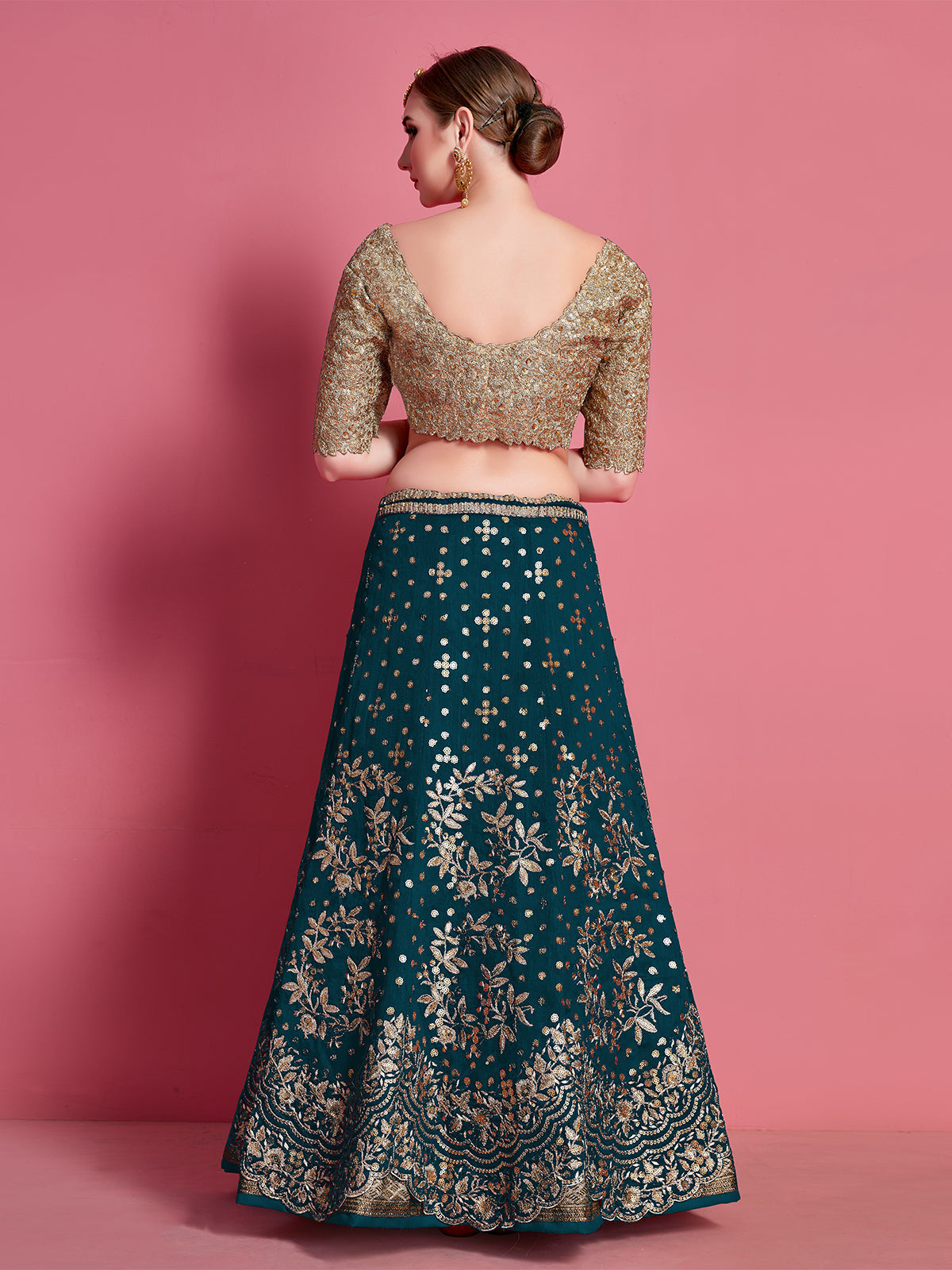 Teal Embroidered Semi Stitched Lehenga With Unstitched Blouse