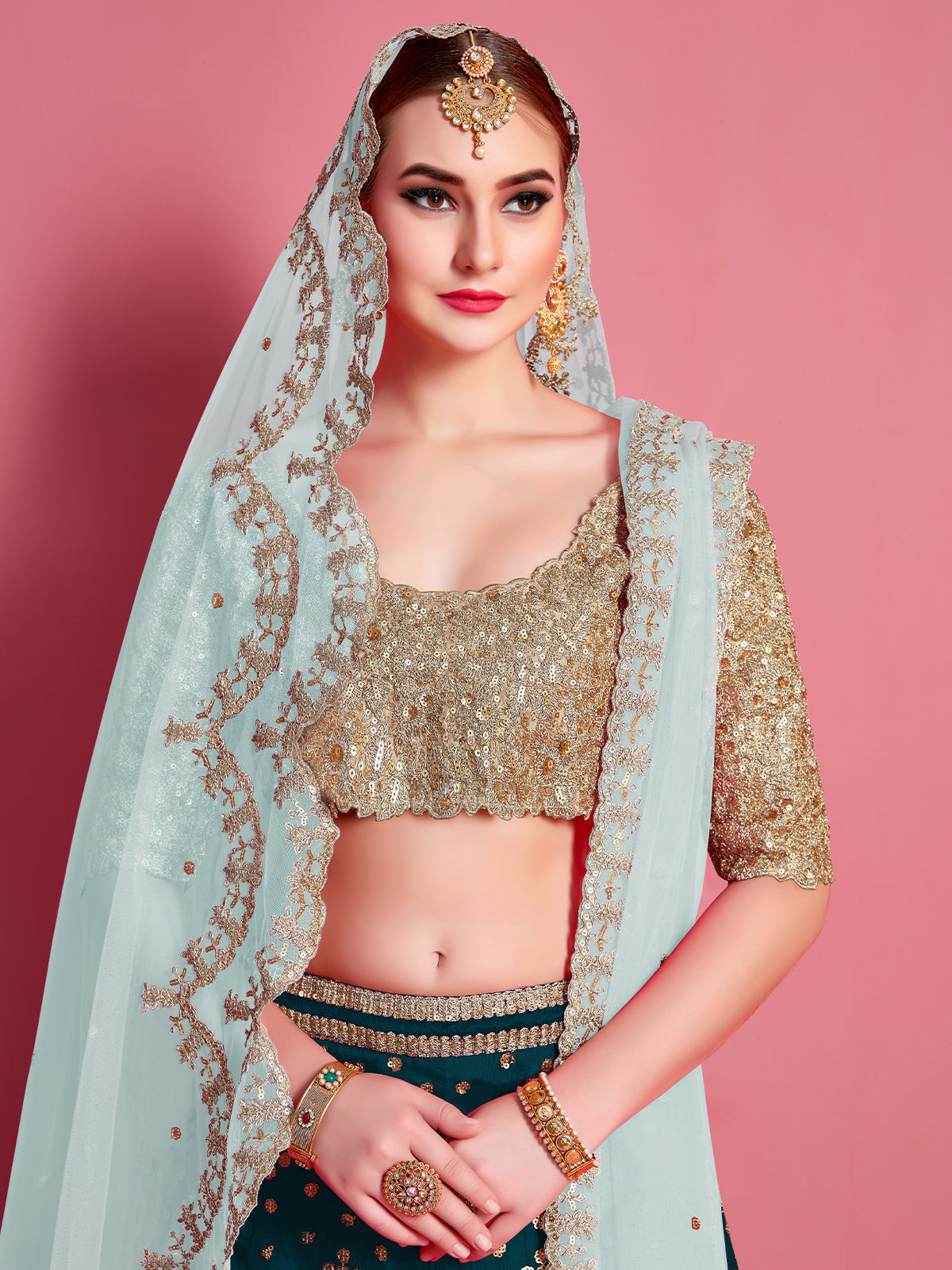 Teal Embroidered Semi Stitched Lehenga With Unstitched Blouse
