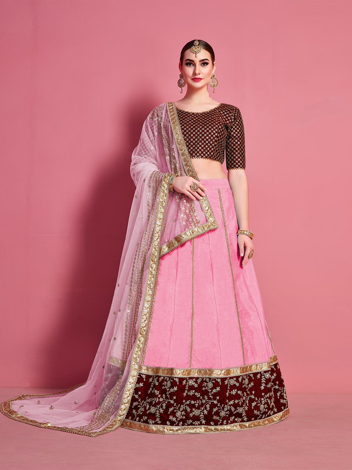 Pink Embroidered Semi Stitched Lehenga With Unstitched Blouse