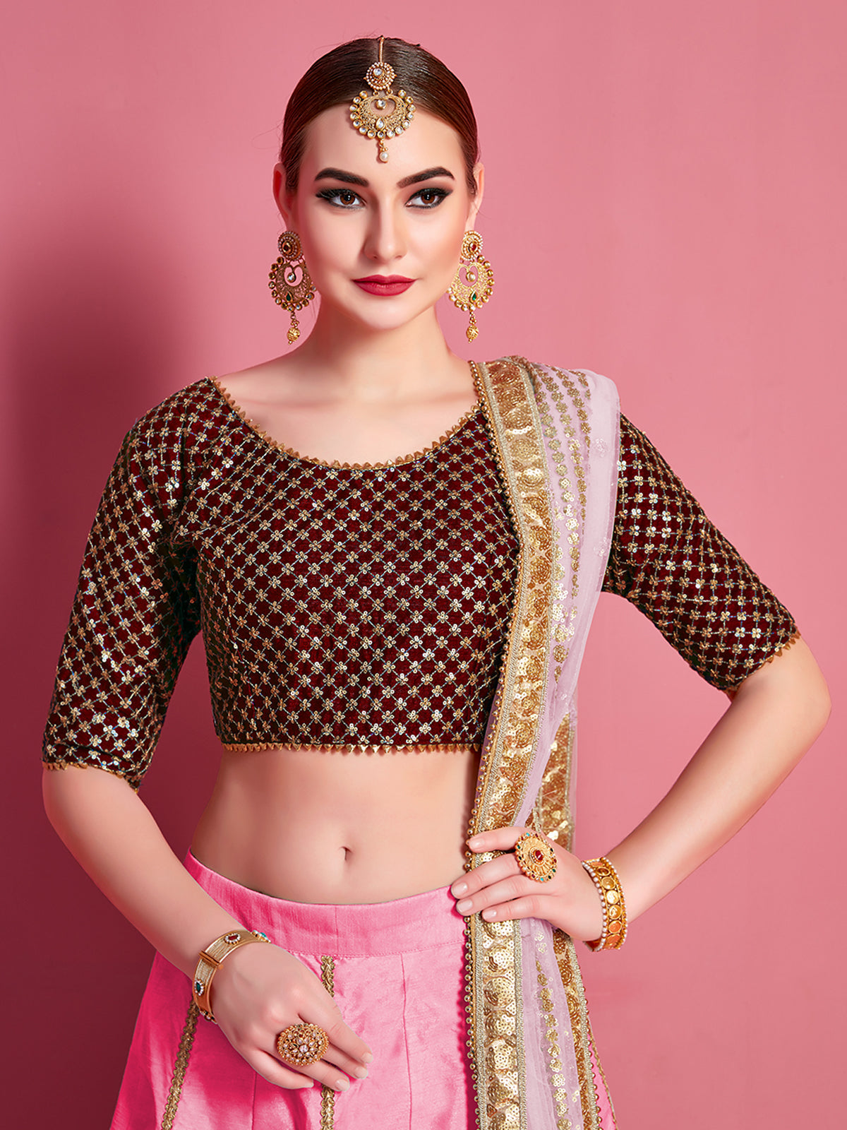 Pink Embroidered Semi Stitched Lehenga With Unstitched Blouse