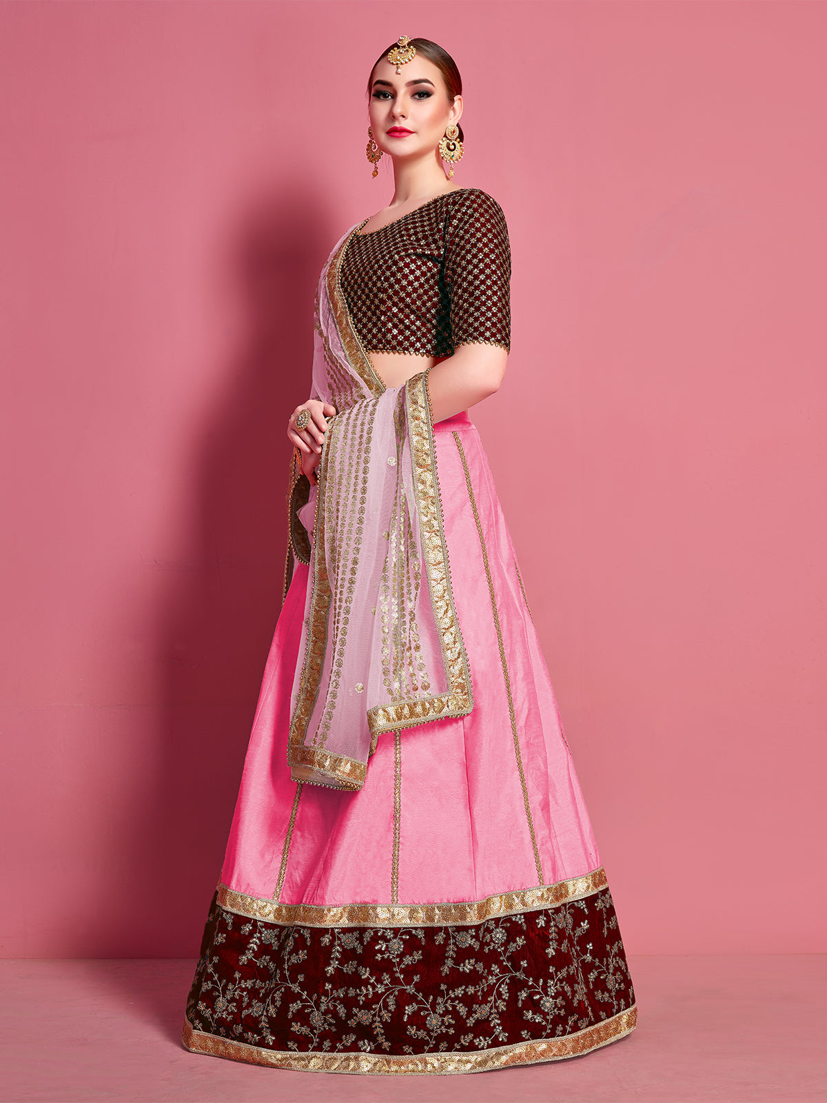 Pink Embroidered Semi Stitched Lehenga With Unstitched Blouse