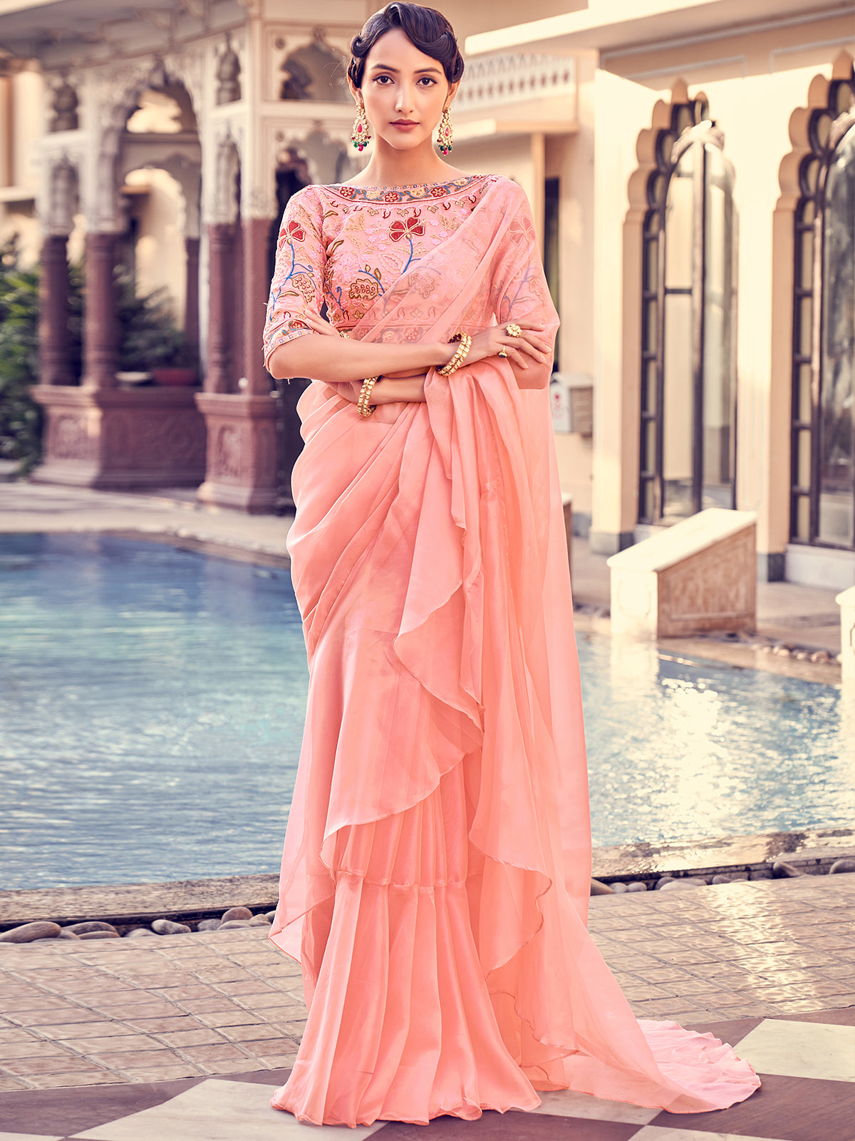Peach Organza Solid Saree With Blouse Piece
