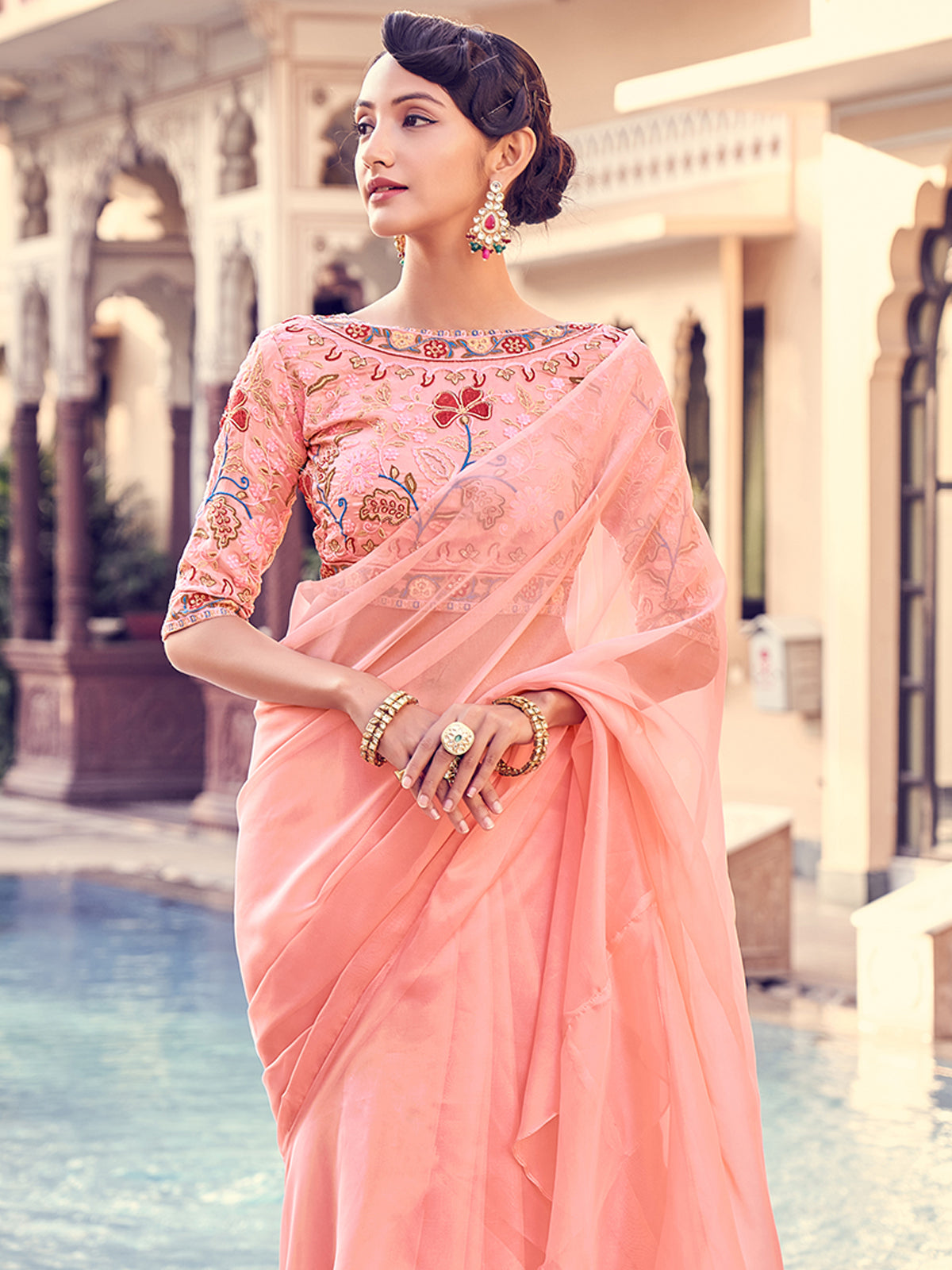 Peach Organza Solid Saree With Blouse Piece