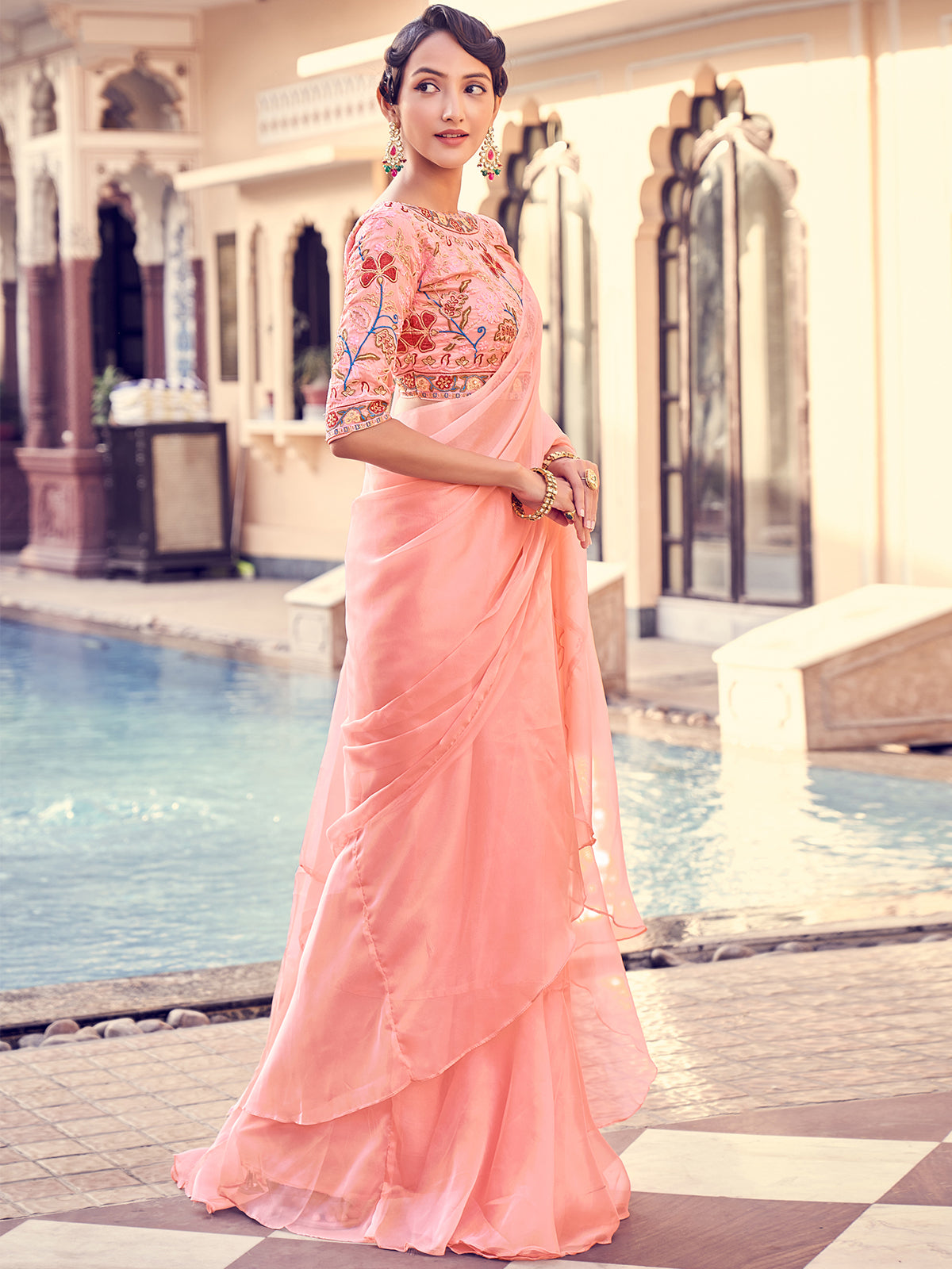 Peach Organza Solid Saree With Blouse Piece