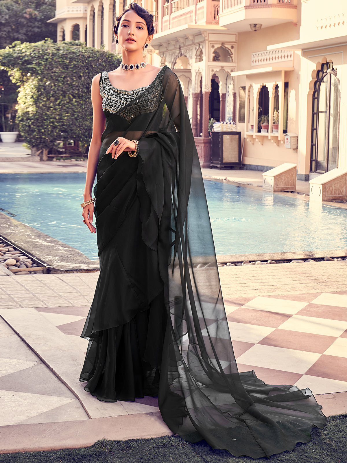 Black Organza Solid Saree With Blouse Piece