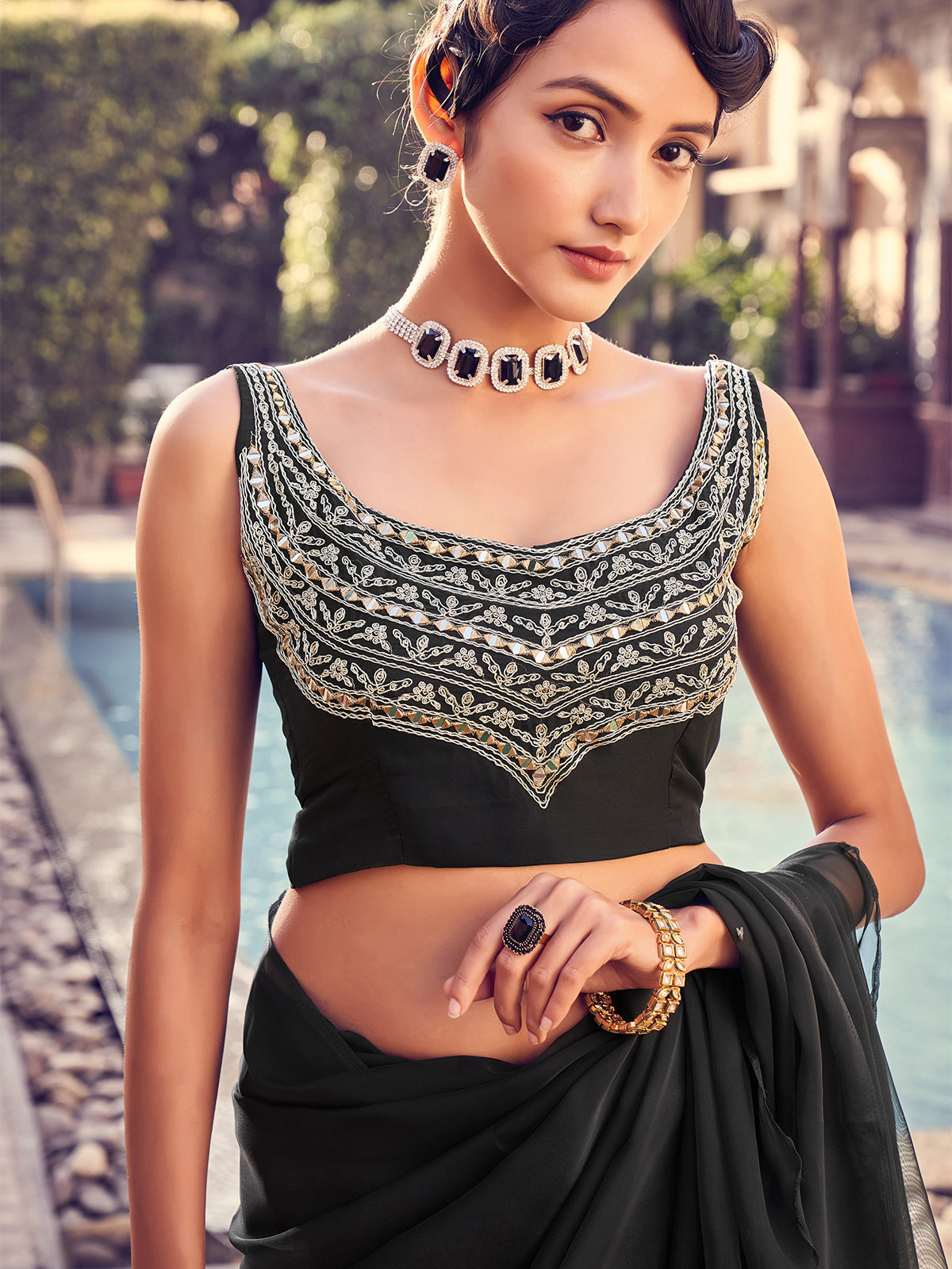 Black Organza Solid Saree With Blouse Piece