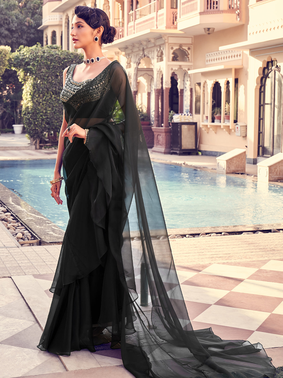 Black Organza Solid Saree With Blouse Piece