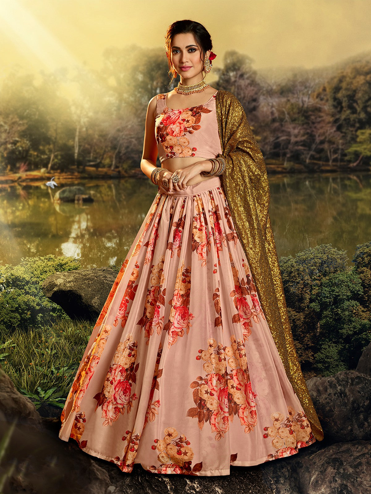 Beautiful Peach Semi Stitched Lehenga With Unstitched Blouse