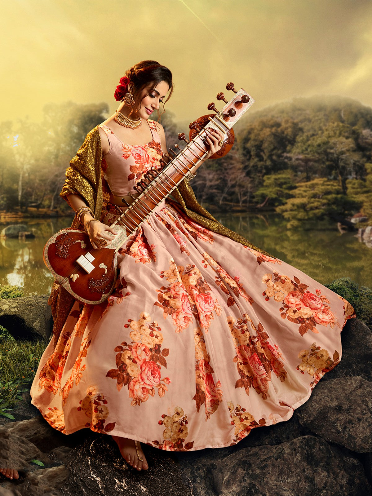 Beautiful Peach Semi Stitched Lehenga With Unstitched Blouse