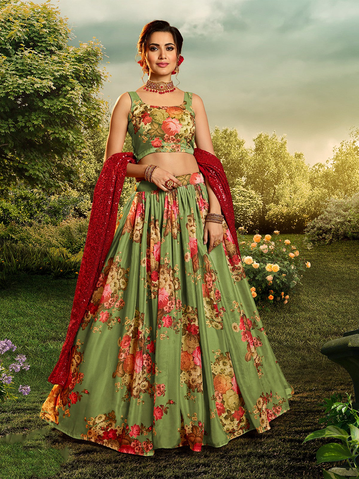 Green Elegant Semi Stitched Lehenga With Unstitched Blouse