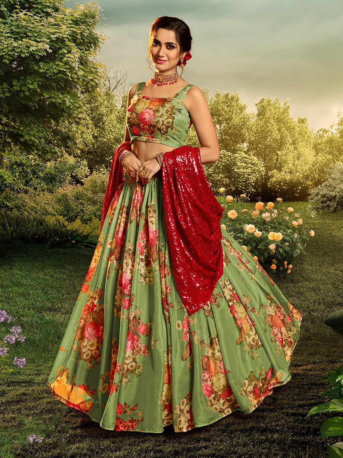 Green Elegant Semi Stitched Lehenga With Unstitched Blouse