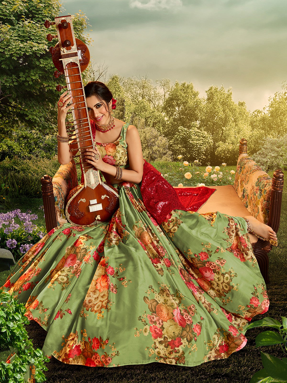 Green Elegant Semi Stitched Lehenga With Unstitched Blouse