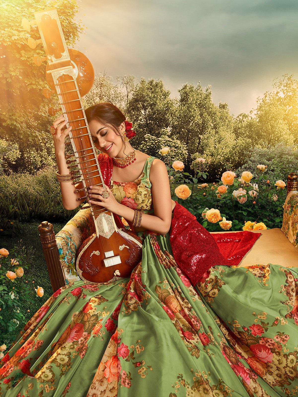 Green Elegant Semi Stitched Lehenga With Unstitched Blouse