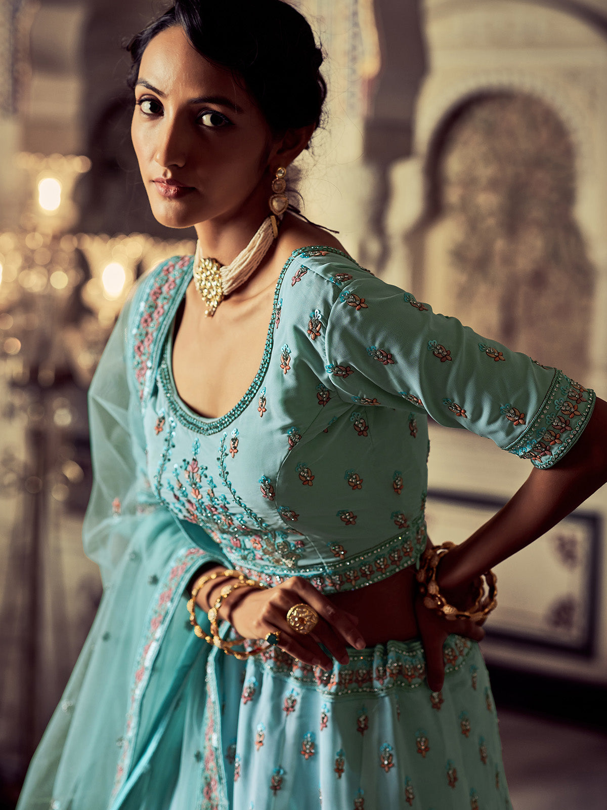 Attractive Blue Georgette Embroidered Semi Stitched Lehenga With Unstitched Blouse