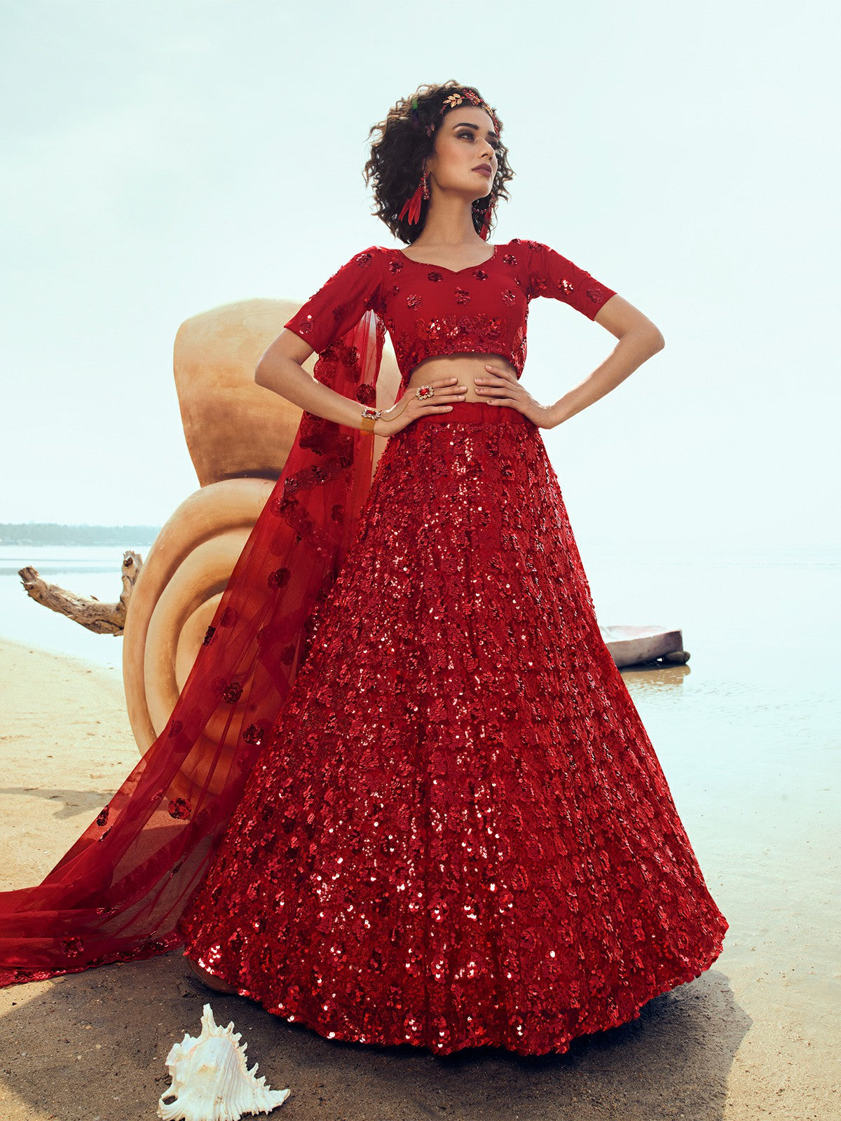 Red Soft Net Sequins Semi Stitched Lehenga with Unstitched Blouse