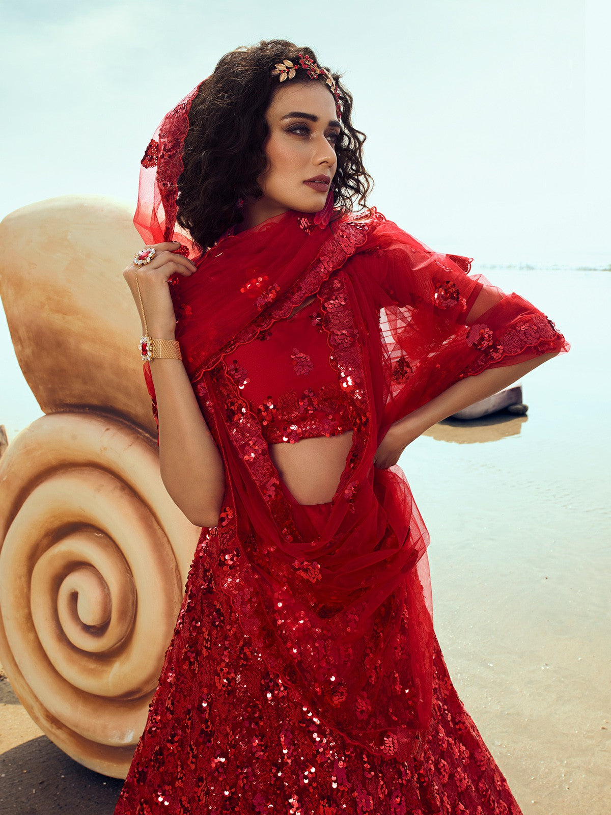 Red Soft Net Sequins Semi Stitched Lehenga with Unstitched Blouse