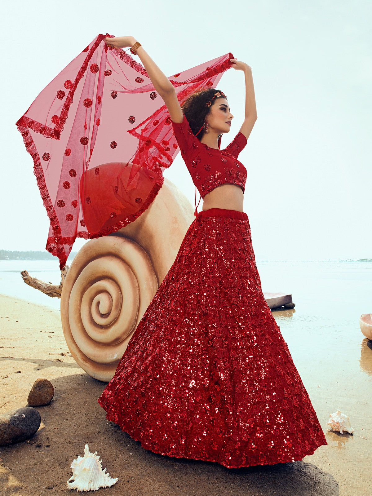 Red Soft Net Sequins Semi Stitched Lehenga with Unstitched Blouse