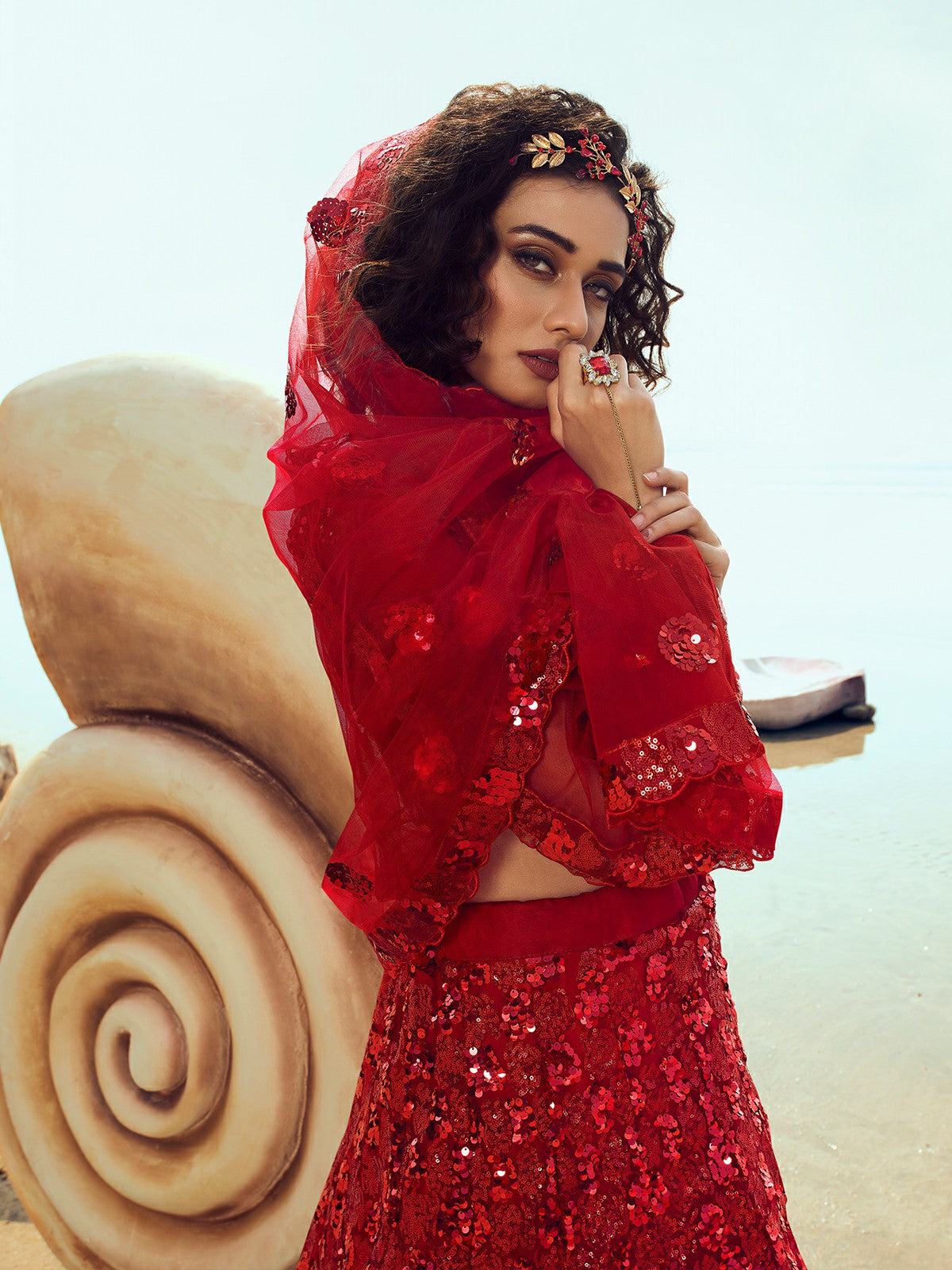 Red Soft Net Sequins Semi Stitched Lehenga with Unstitched Blouse