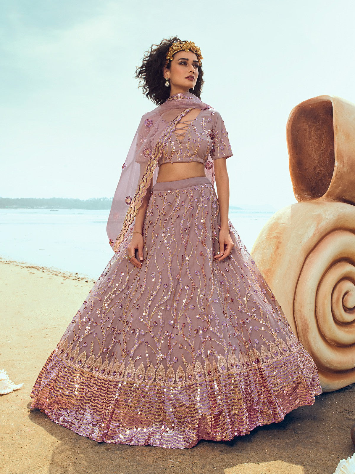 Designer Purple Soft Net with Sequins Thread Semi Stitched Lehenga with Unstitched Blouse