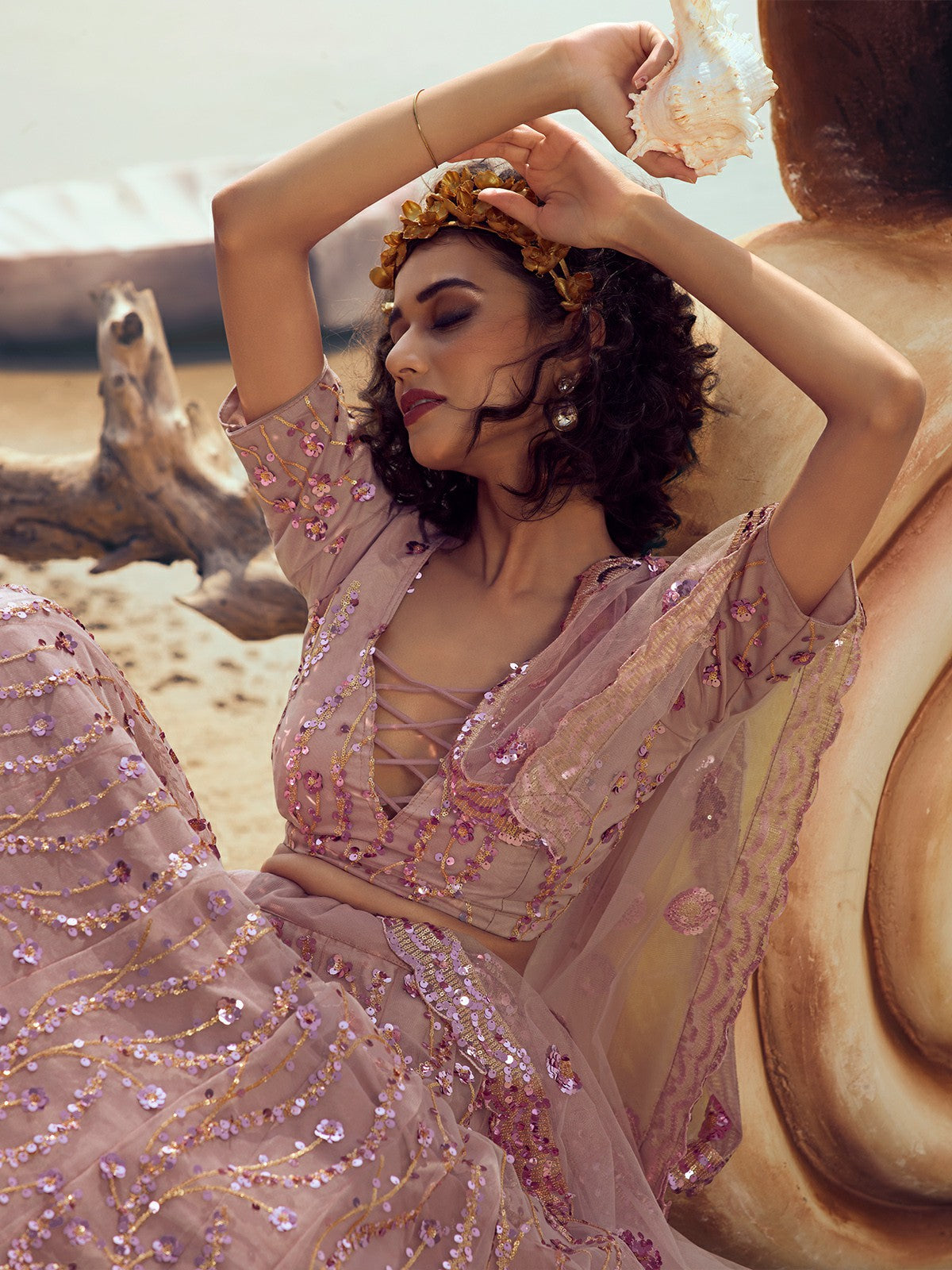 Designer Purple Soft Net with Sequins Thread Semi Stitched Lehenga with Unstitched Blouse