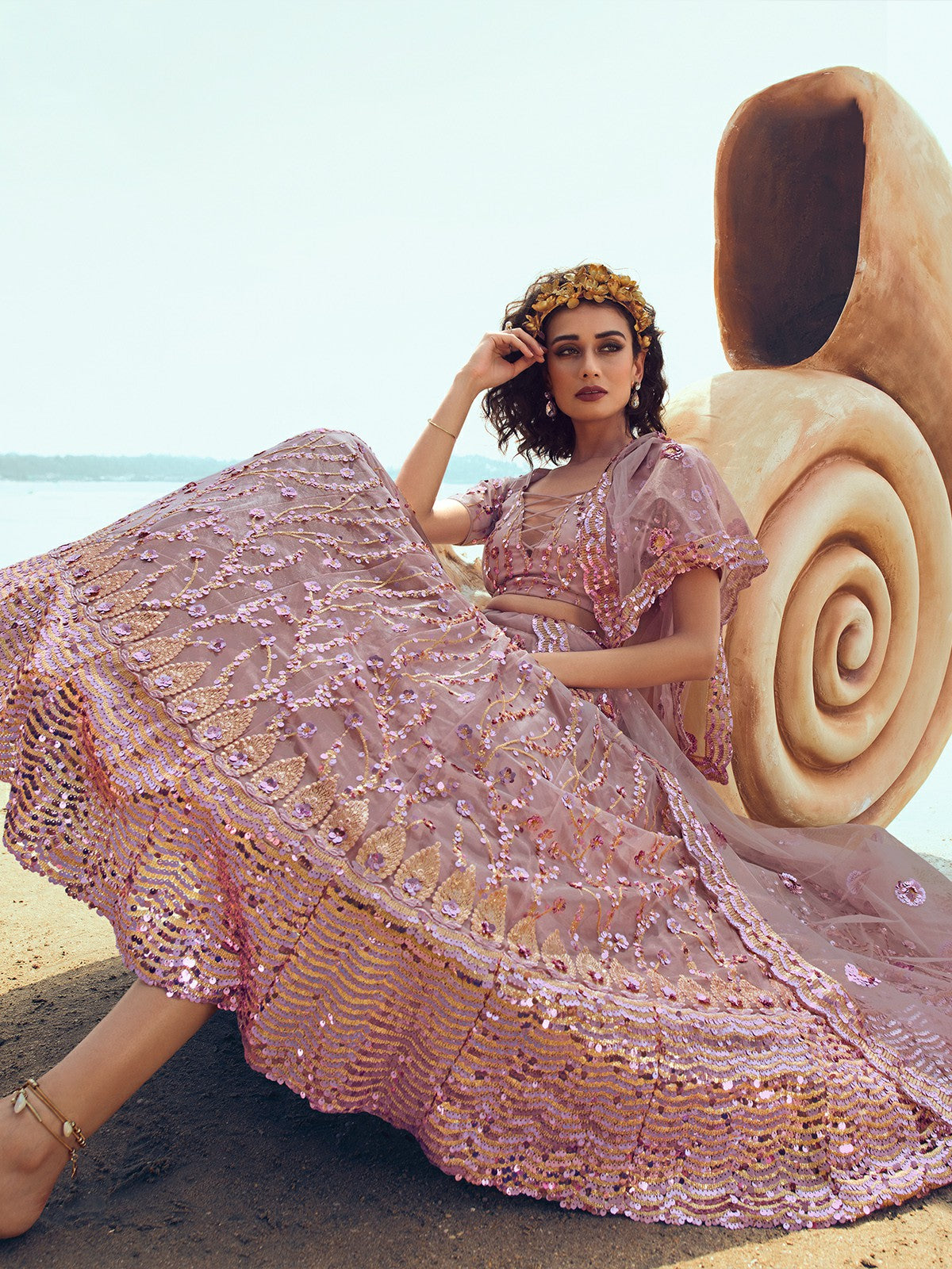 Designer Purple Soft Net with Sequins Thread Semi Stitched Lehenga with Unstitched Blouse