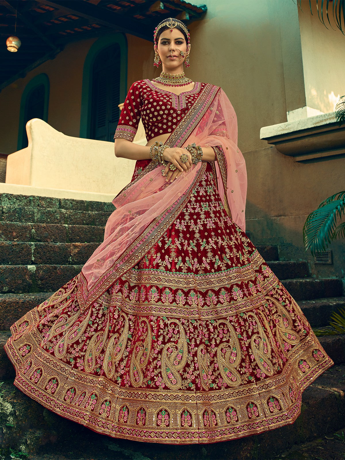 Festive Maroon Semi Stitched Lehenga With Unstitched Blouse