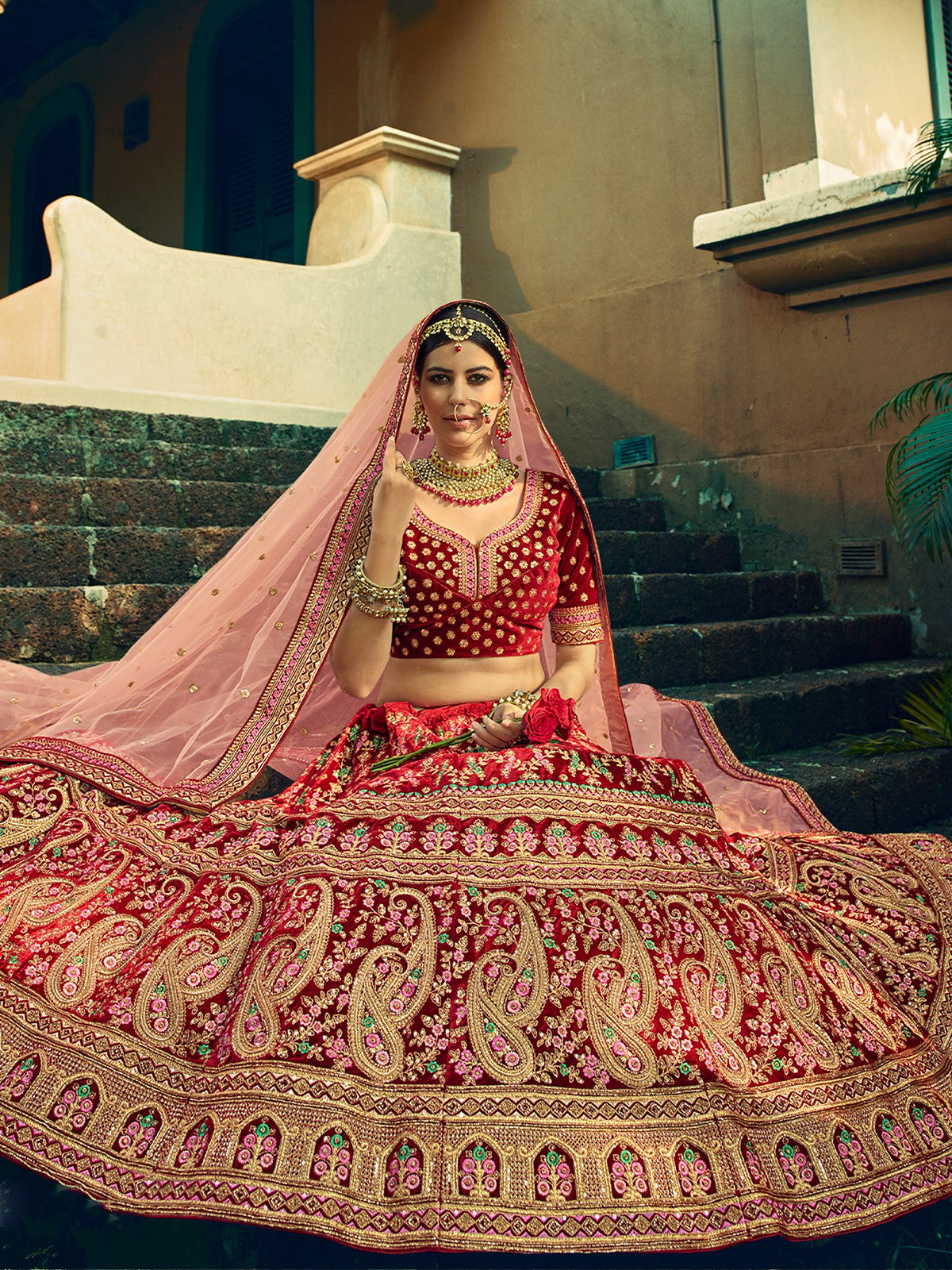 Festive Maroon Semi Stitched Lehenga With Unstitched Blouse