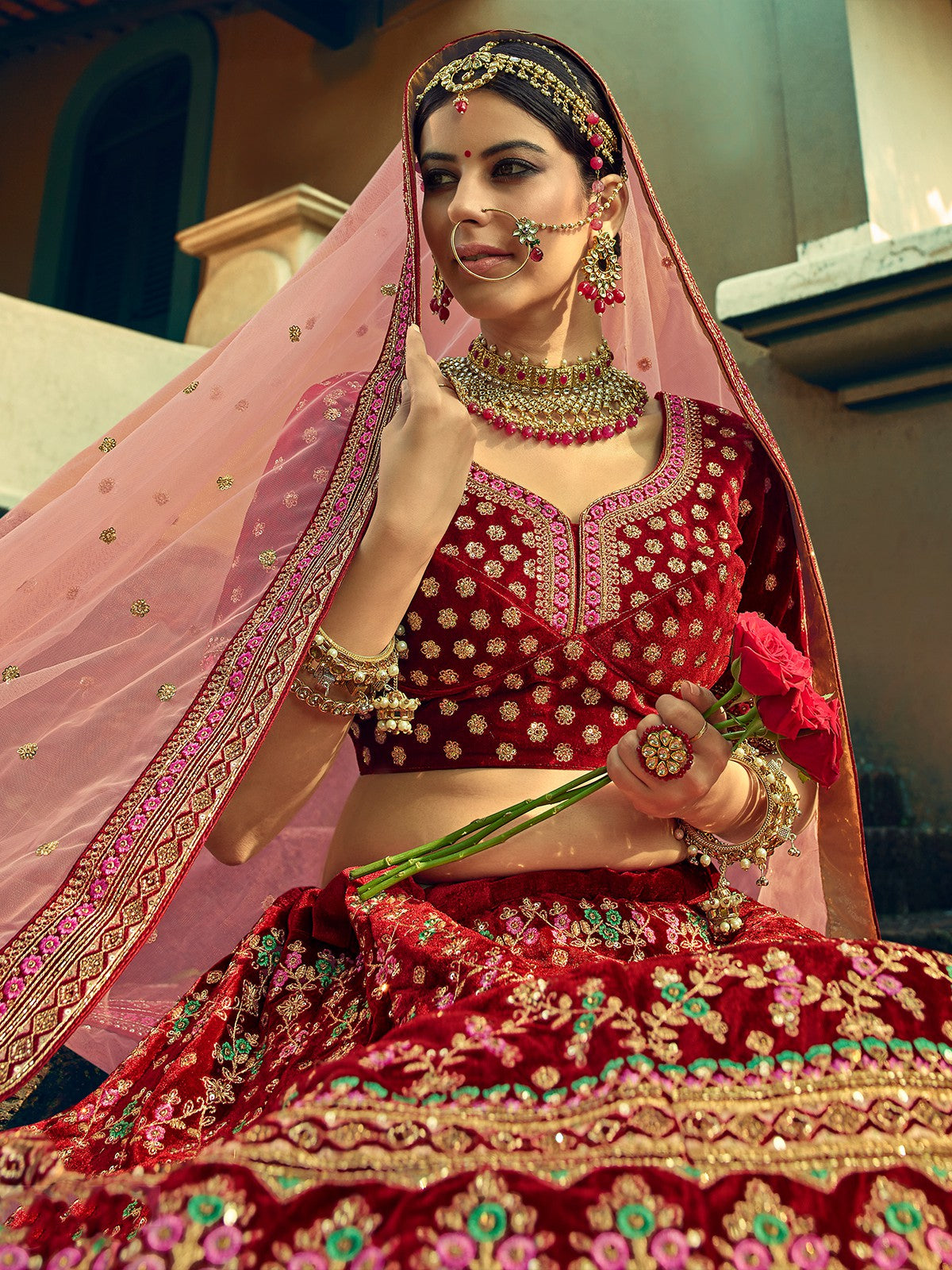 Festive Maroon Semi Stitched Lehenga With Unstitched Blouse