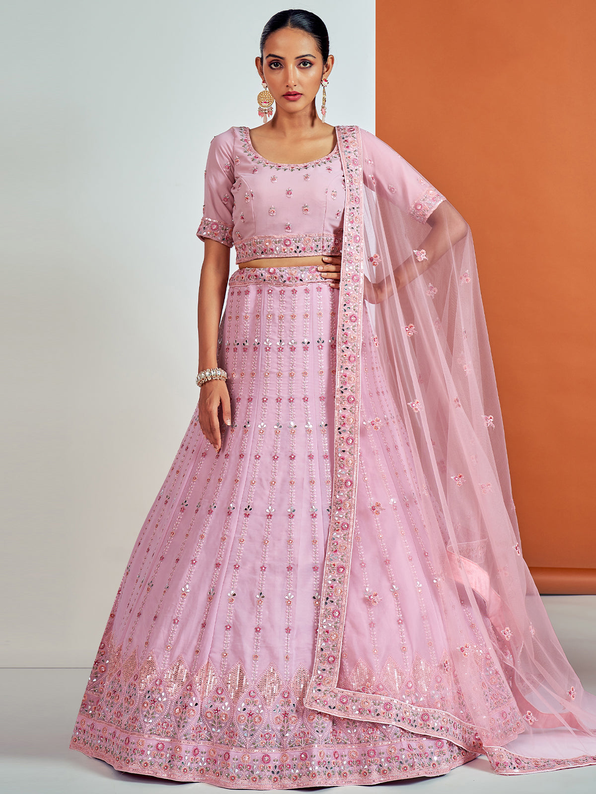 Beautiful Pink Georgette Semi Stitched Lehenga With Unstitched Blouse