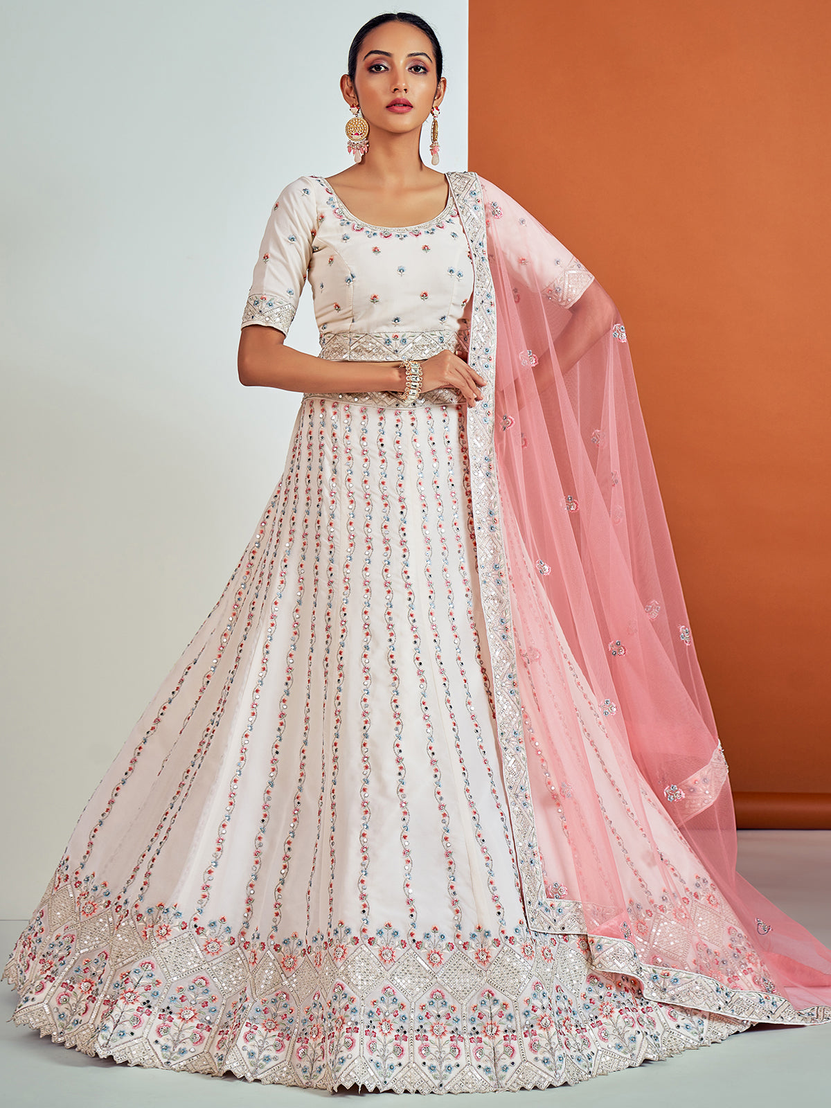 Modren White Georgette Semi Stitched Lehenga With Unstitched Blouse