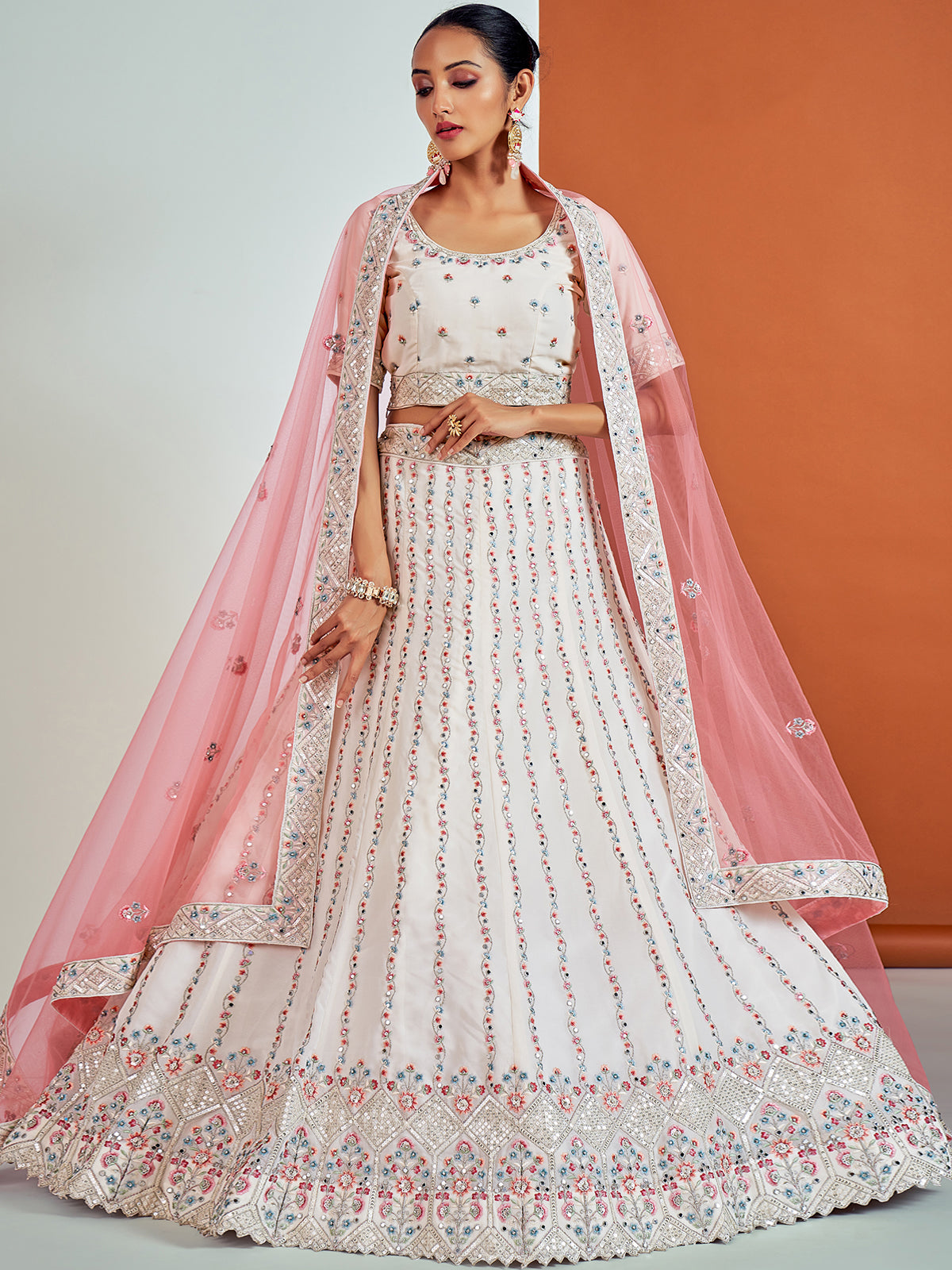 Modren White Georgette Semi Stitched Lehenga With Unstitched Blouse