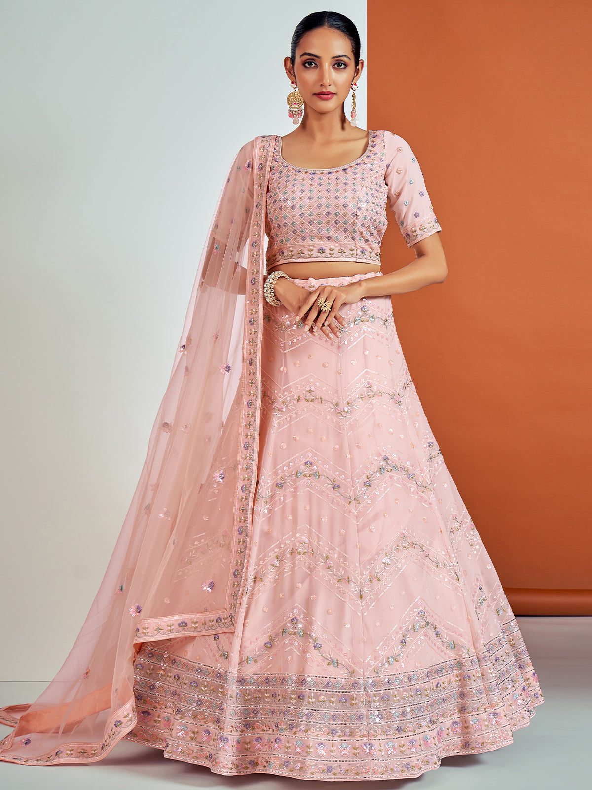 Stunning Pink Georgette Semi Stitched Lehenga With Unstitched Blouse
