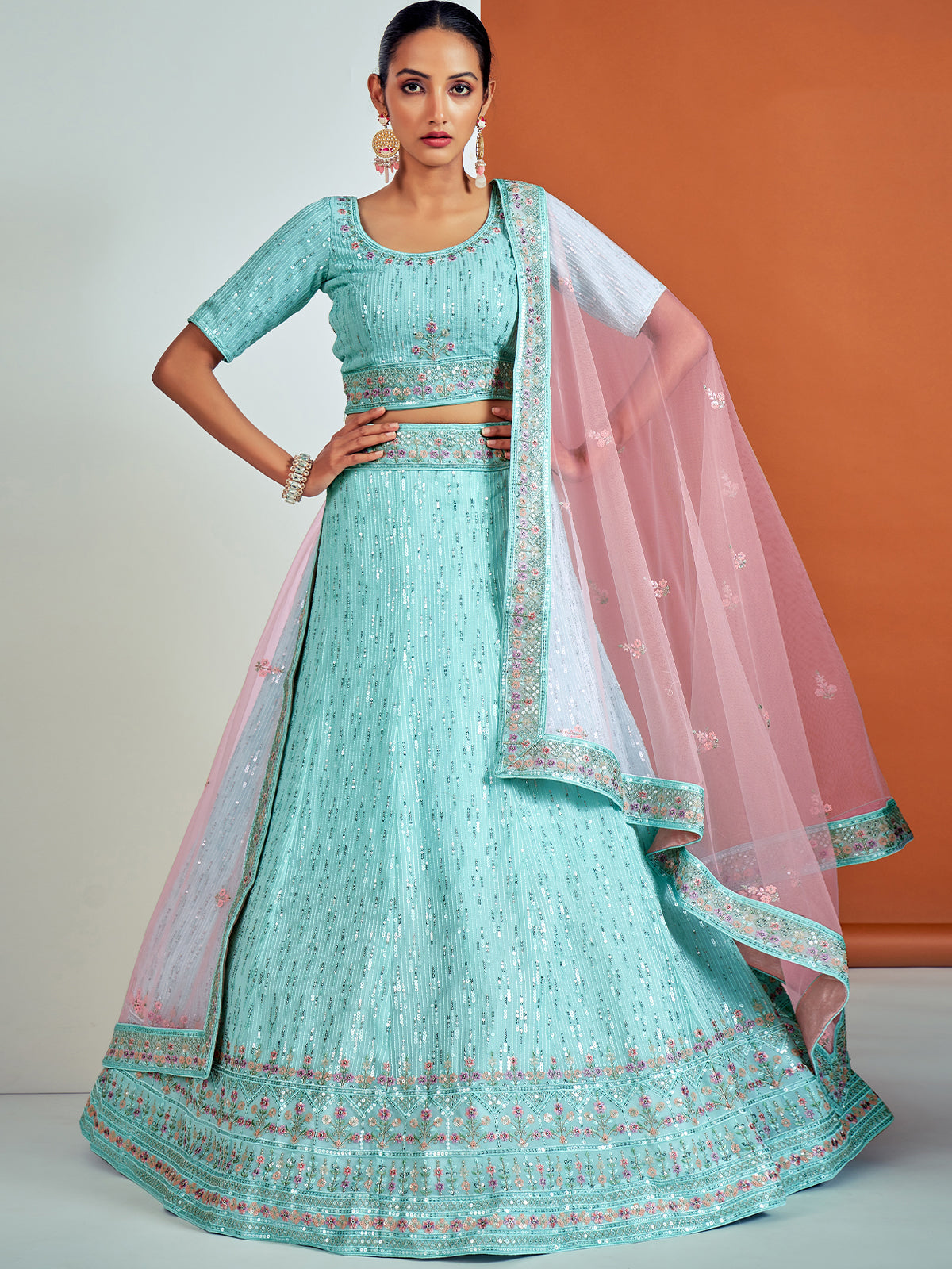 Classic Blue Georgette Semi Stitched Lehenga With Unstitched Blouse