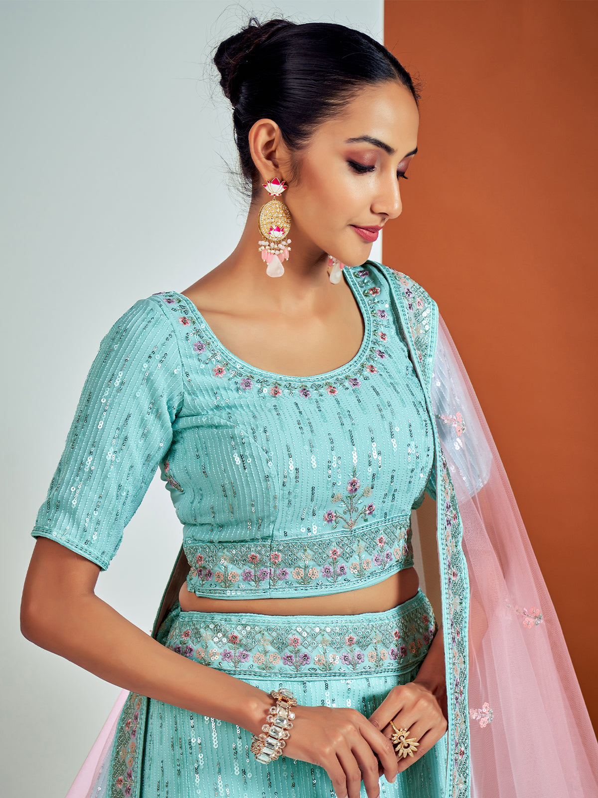 Classic Blue Georgette Semi Stitched Lehenga With Unstitched Blouse
