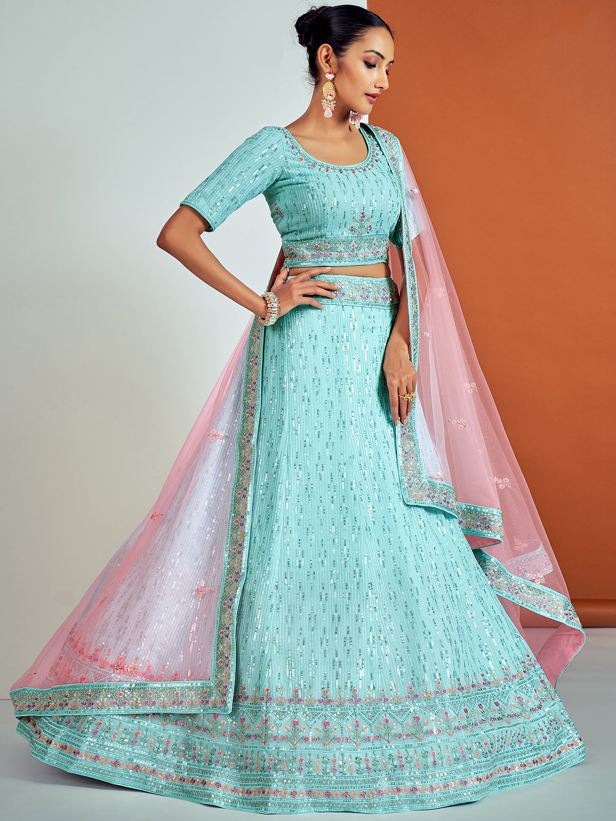 Classic Blue Georgette Semi Stitched Lehenga With Unstitched Blouse