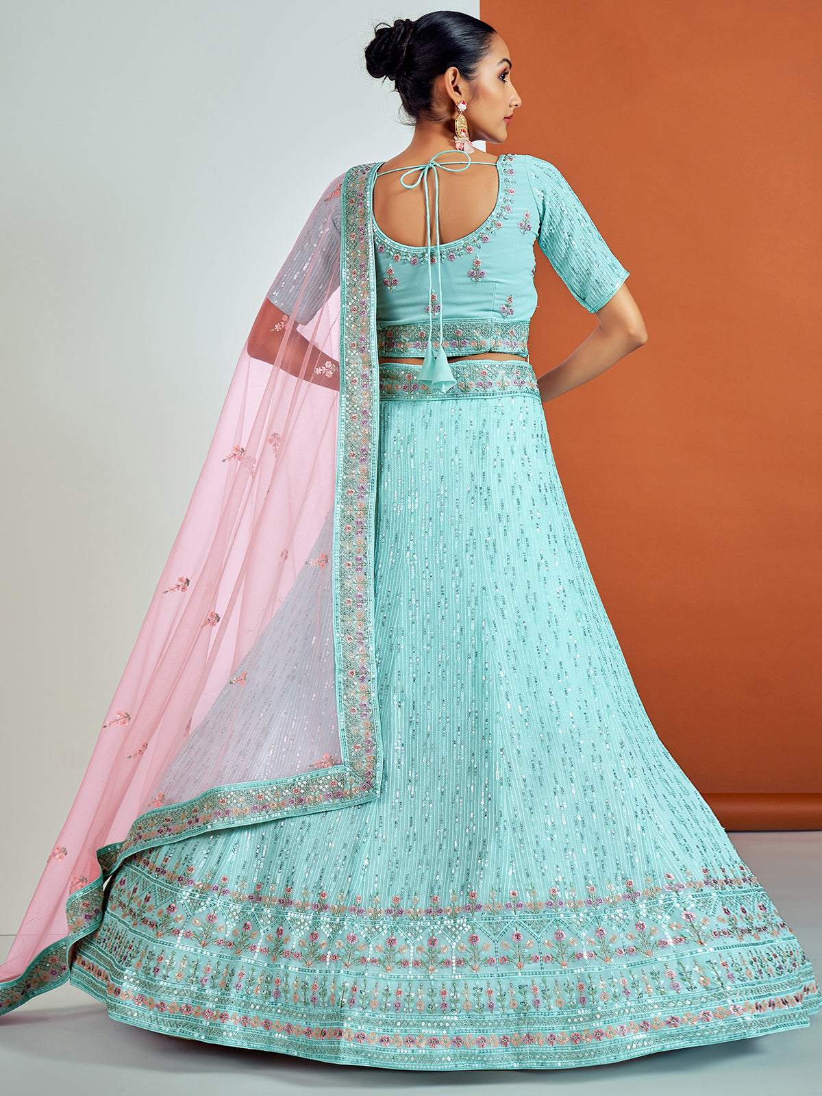 Classic Blue Georgette Semi Stitched Lehenga With Unstitched Blouse