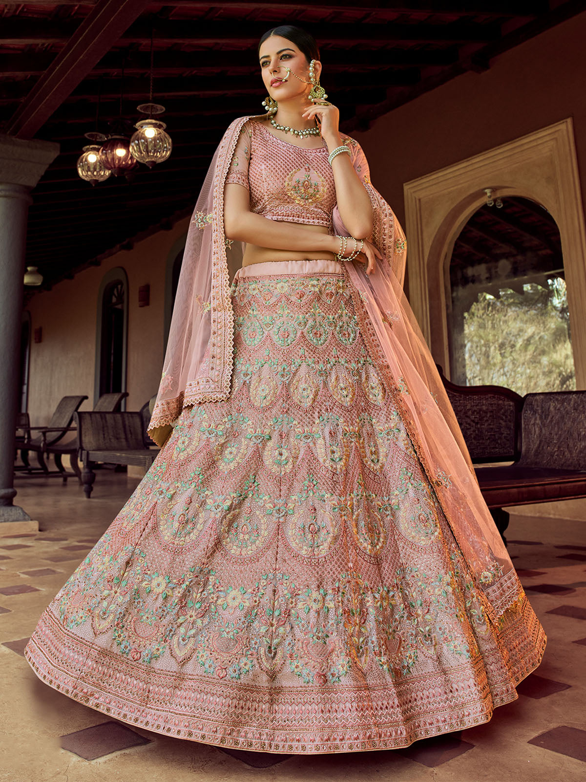 Peach Embroidered Georgette Semi Stitched Lehenga With Unstitched Blouse