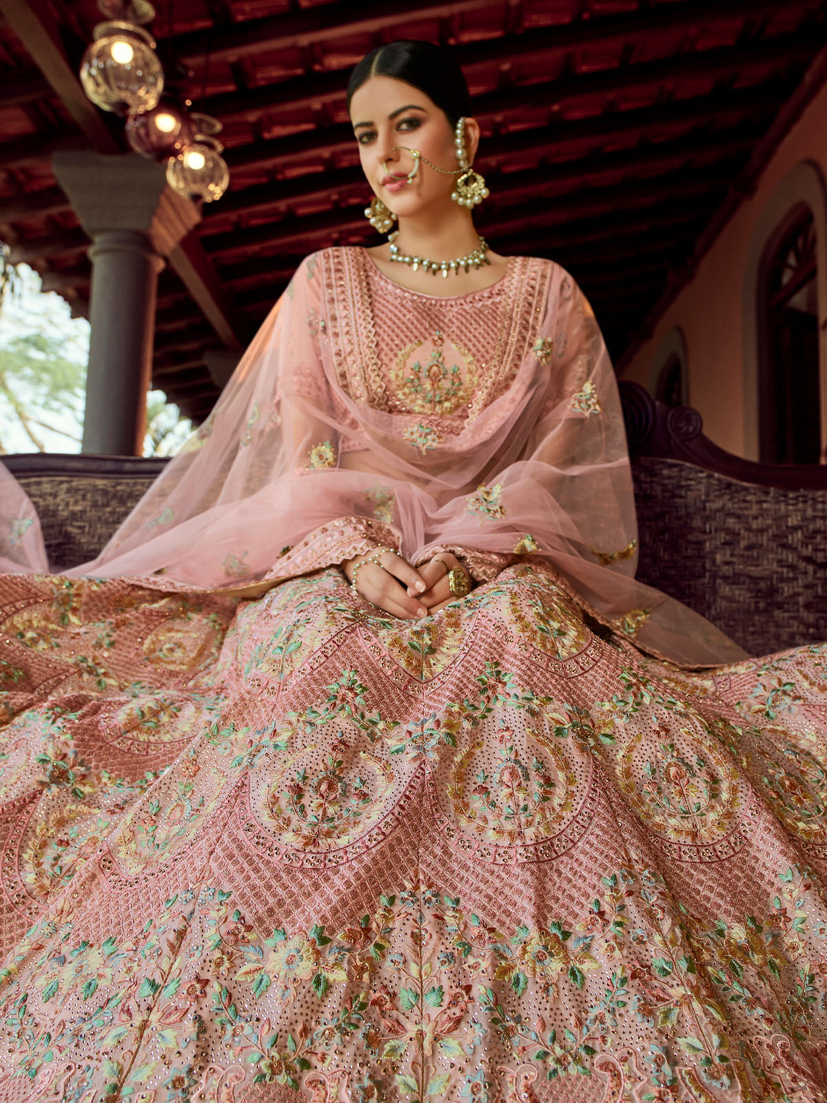Peach Embroidered Georgette Semi Stitched Lehenga With Unstitched Blouse