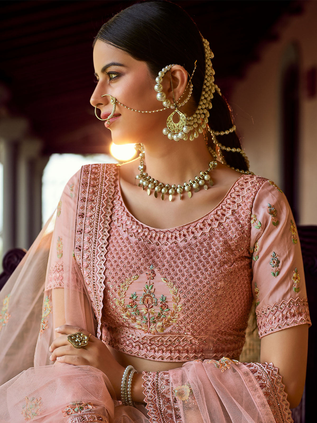 Peach Embroidered Georgette Semi Stitched Lehenga With Unstitched Blouse