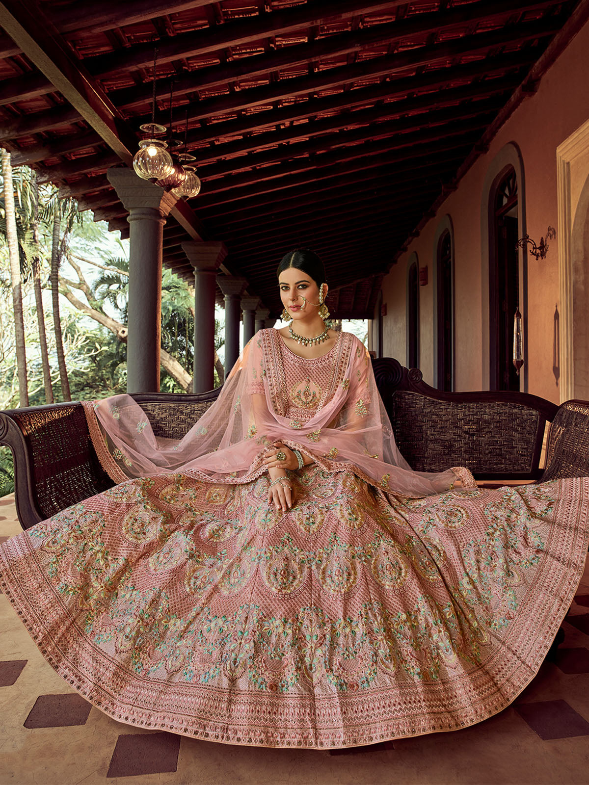 Peach Embroidered Georgette Semi Stitched Lehenga With Unstitched Blouse