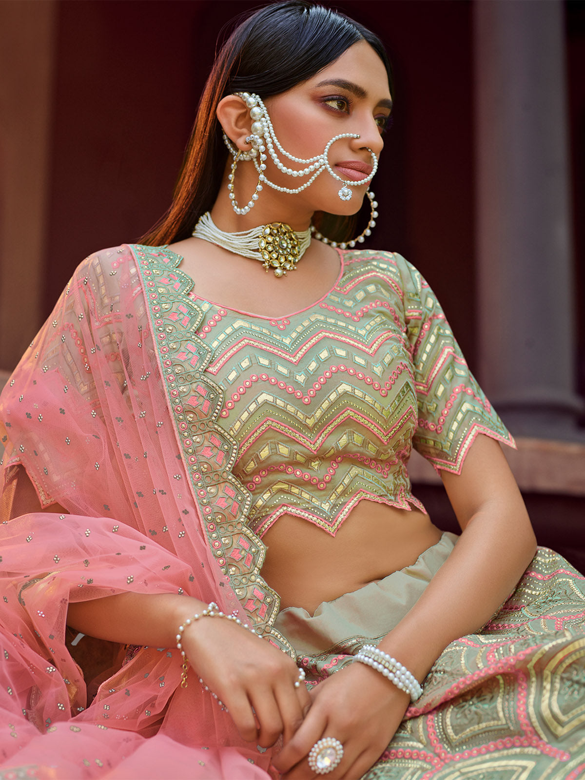 Green Embroidered Organza Semi Stitched Lehenga With Unstitched Blouse