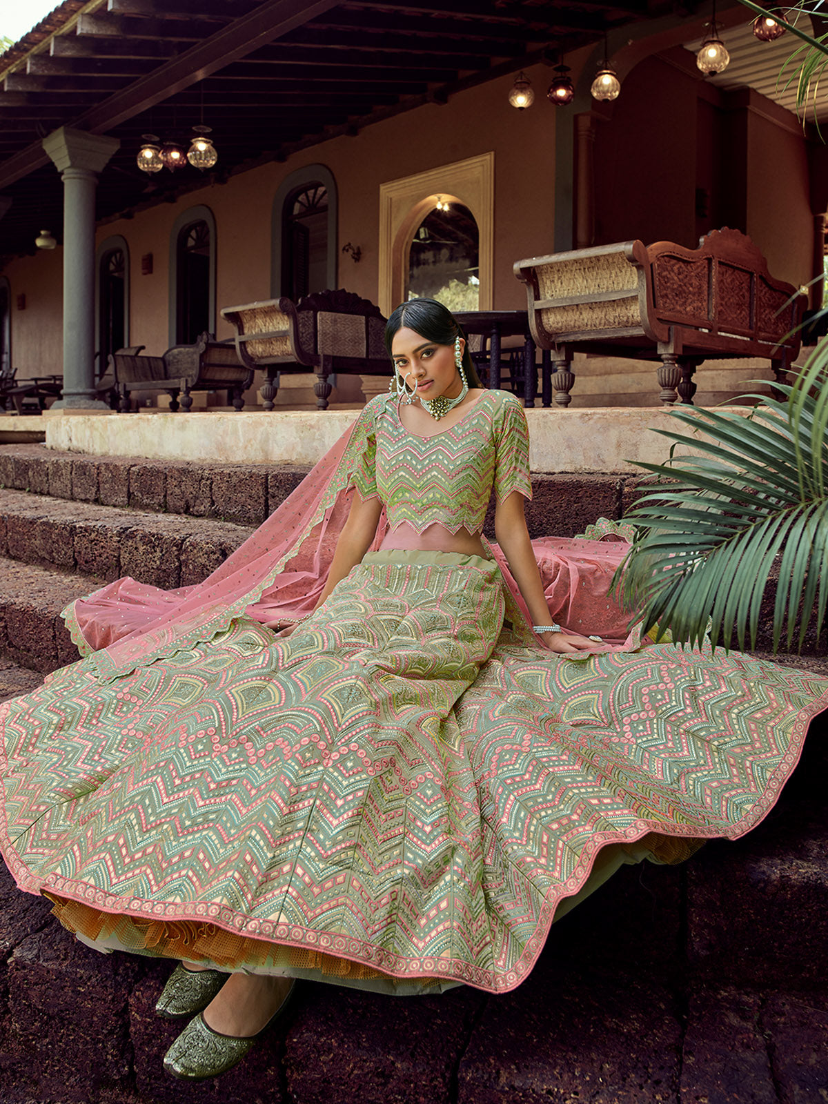 Green Embroidered Organza Semi Stitched Lehenga With Unstitched Blouse