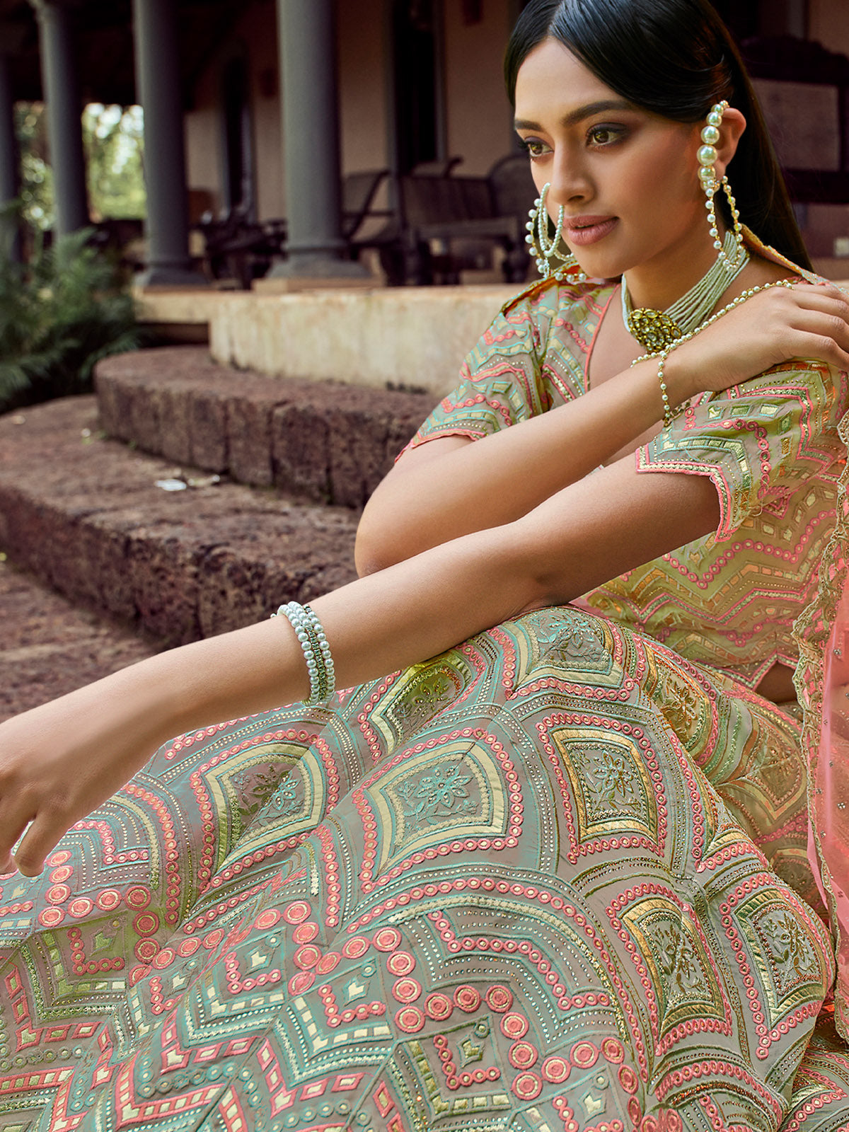 Green Embroidered Organza Semi Stitched Lehenga With Unstitched Blouse