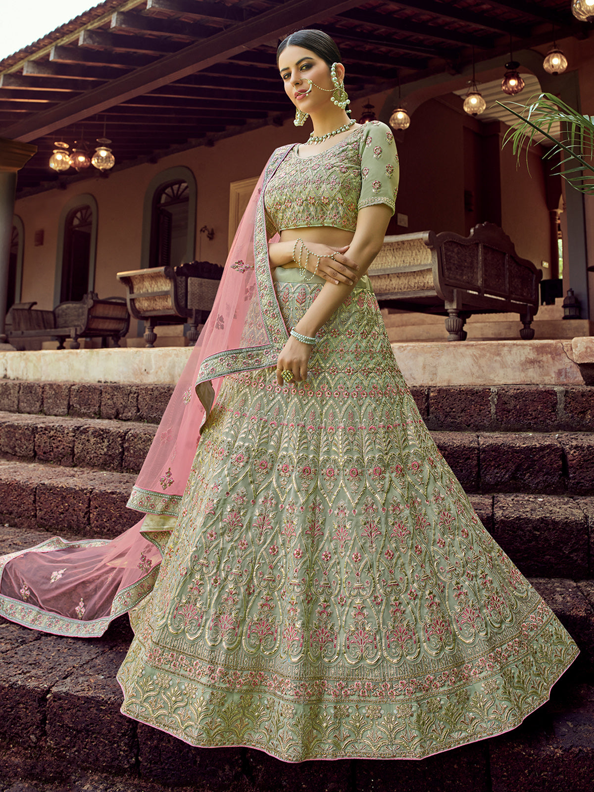 Green Embroidered Georgette Semi Stitched Lehenga With Unstitched Blouse