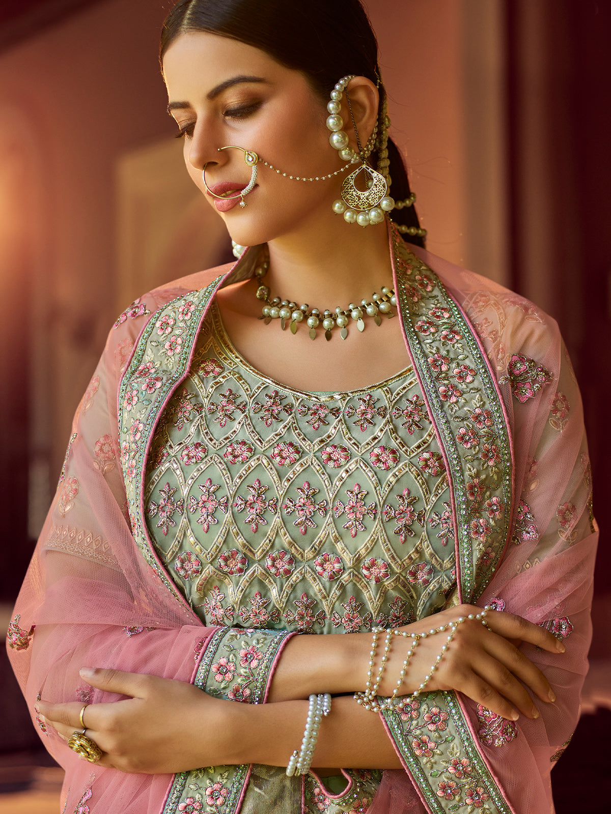 Green Embroidered Georgette Semi Stitched Lehenga With Unstitched Blouse
