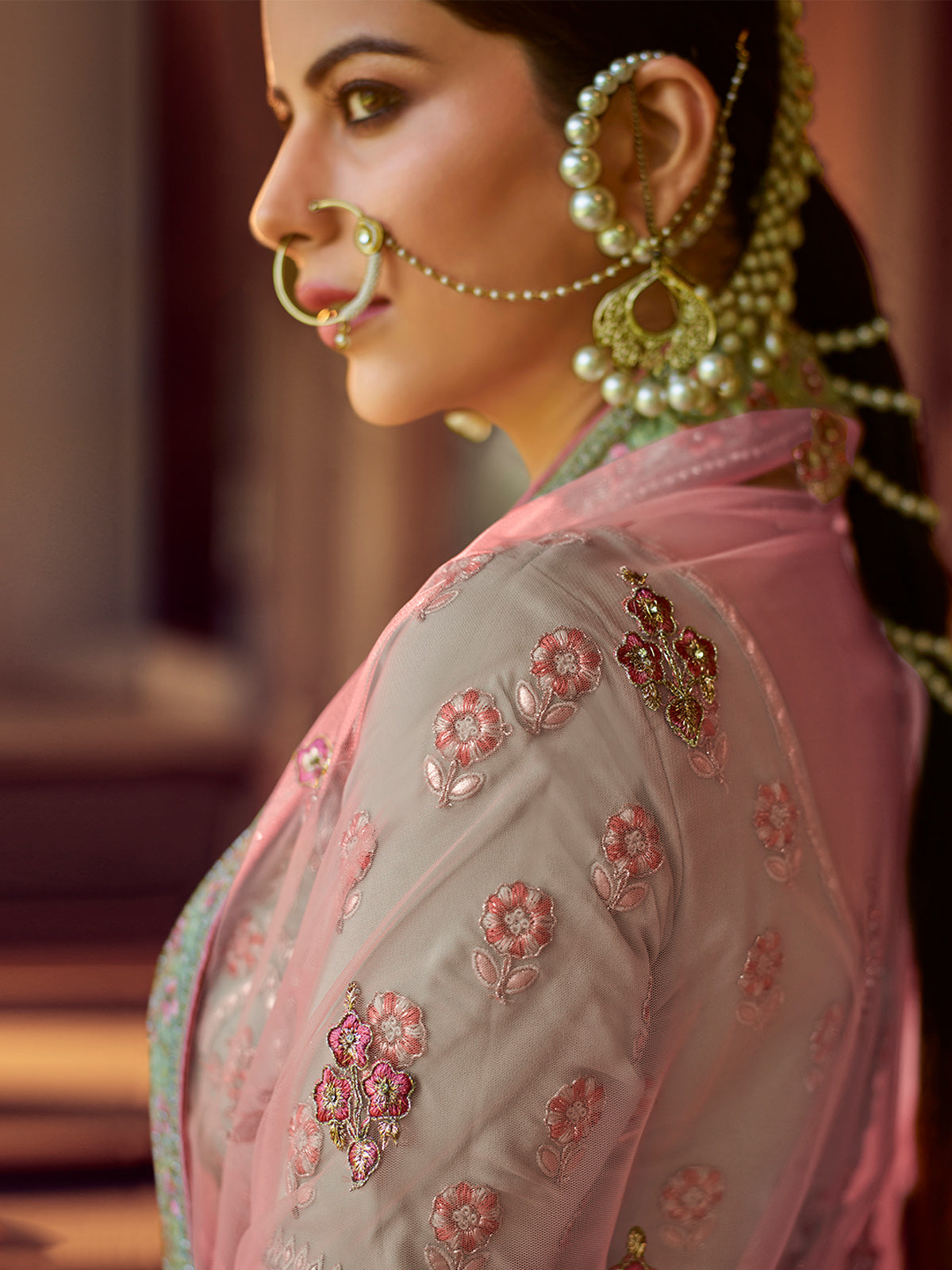 Green Embroidered Georgette Semi Stitched Lehenga With Unstitched Blouse