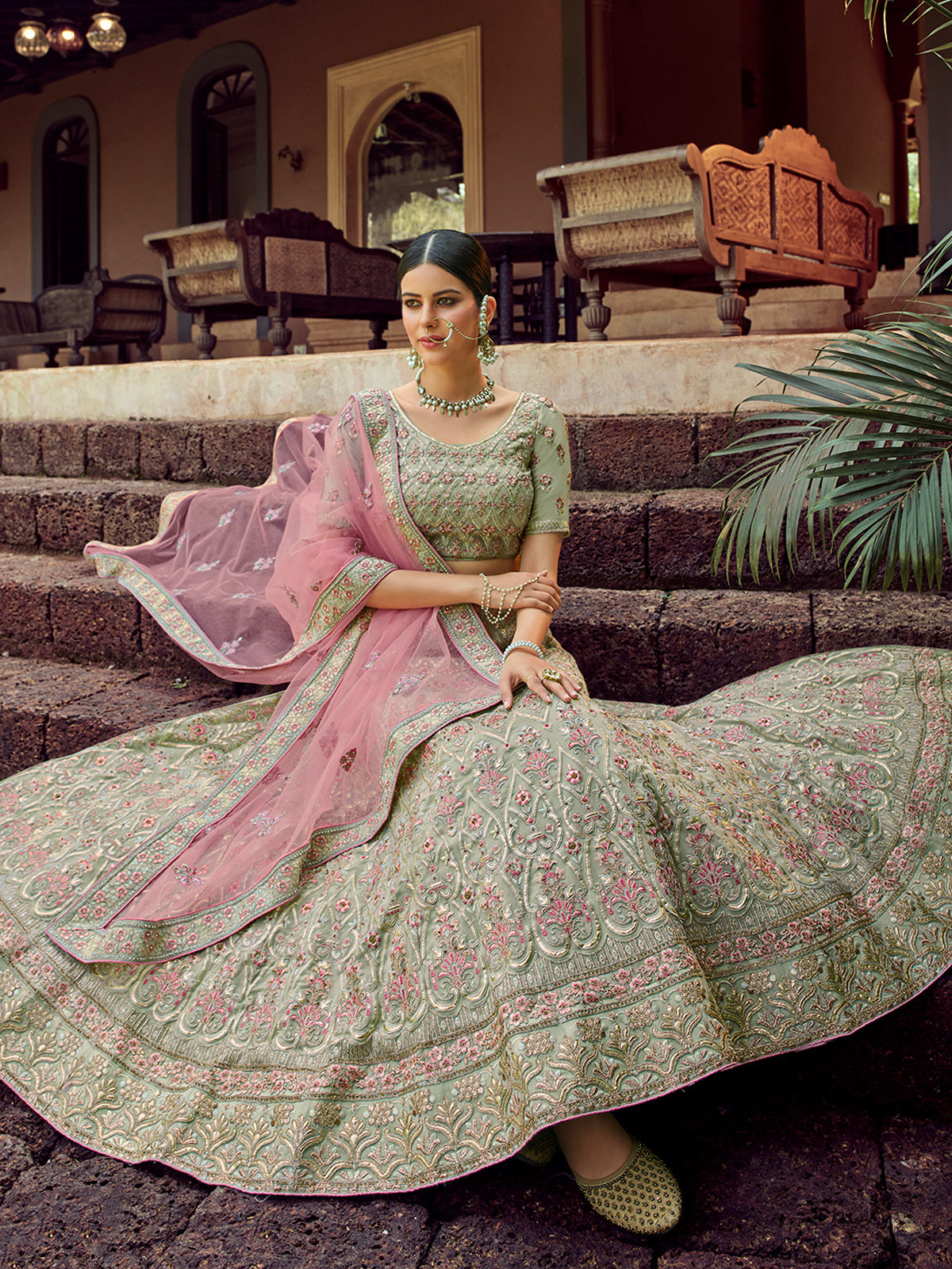 Green Embroidered Georgette Semi Stitched Lehenga With Unstitched Blouse