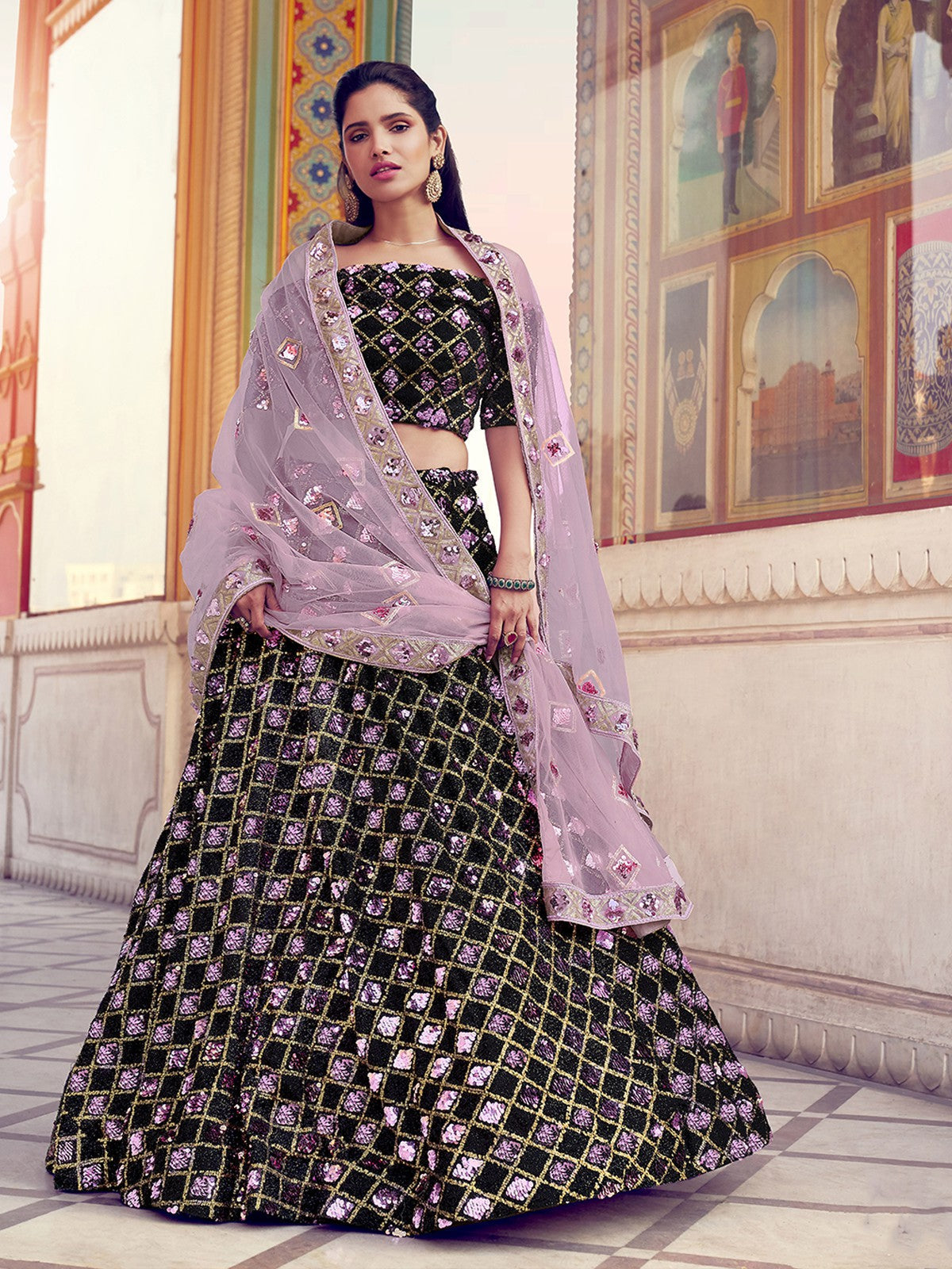 Black Designer Sequins Semi Stitched Lehenga With Unstitched Blouse