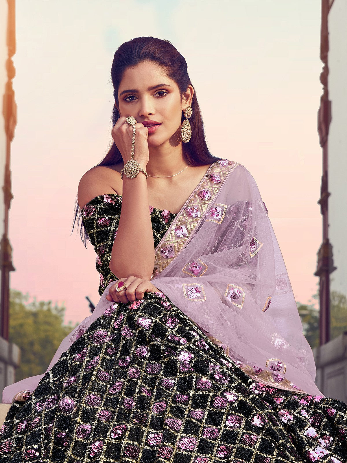 Black Designer Sequins Semi Stitched Lehenga With Unstitched Blouse